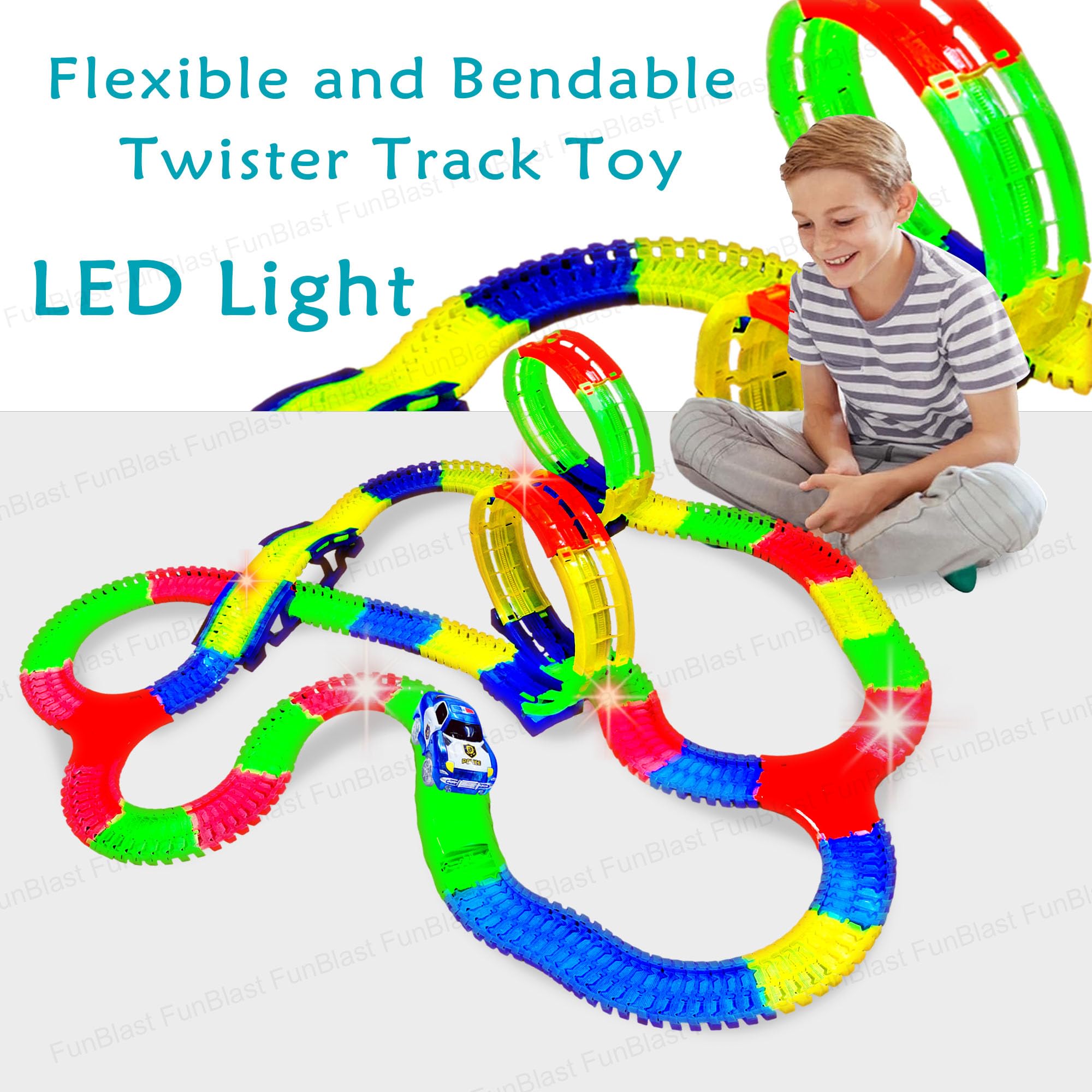 FunBlast Glow in The Dark Track Set Toy - Flexible and Bendable Glow in The Dark Twister Track Toy Set with LED Lights Racing Car, DIY Toys for Boys, Girls, Kids (316 Pcs) 4