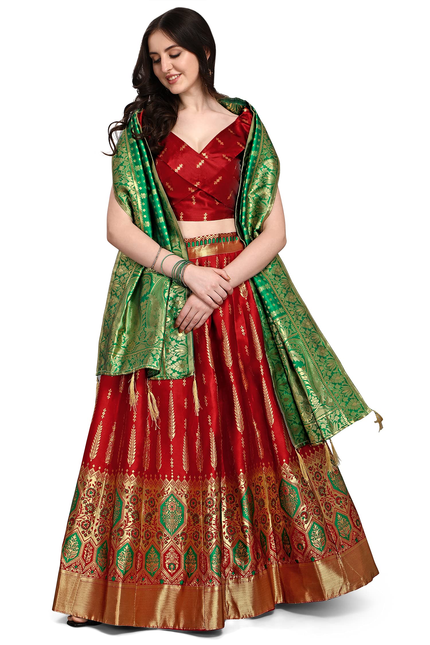 PURVAJAWomen's Faux Silk Jacquard Semi-Stitched Embroidered Fabric Lehenga Choli
