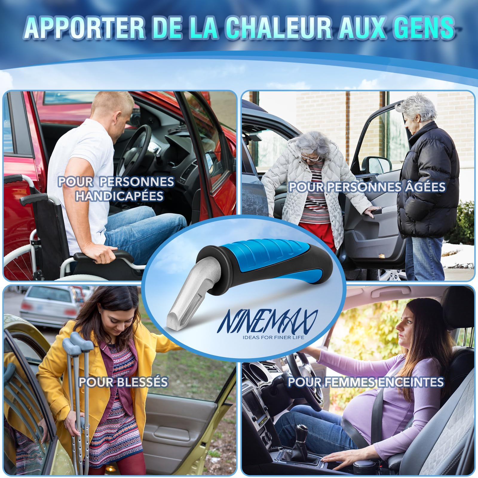 NINEMAX Poignée De Voiture pour Personnes Âgées,2Pc Poignet Voiture Aide | Stabilité Résistance Mobilité,Poignée Assistance pour Sortir De La Voiture Portable pour Handicap(Noir i Bleu)