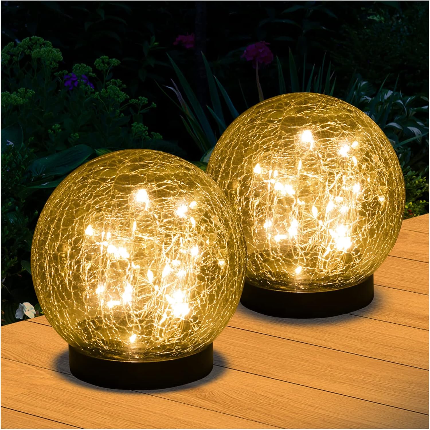 Solar Lights Outdoor Garden Decorative - 2 Pack Solar Globe Lights Upgrade Waterproof with 30 LEDs Cracked Glass Ball Lights for Yard Patio Pathway Lawn Outside Decor (4.73") Warm White