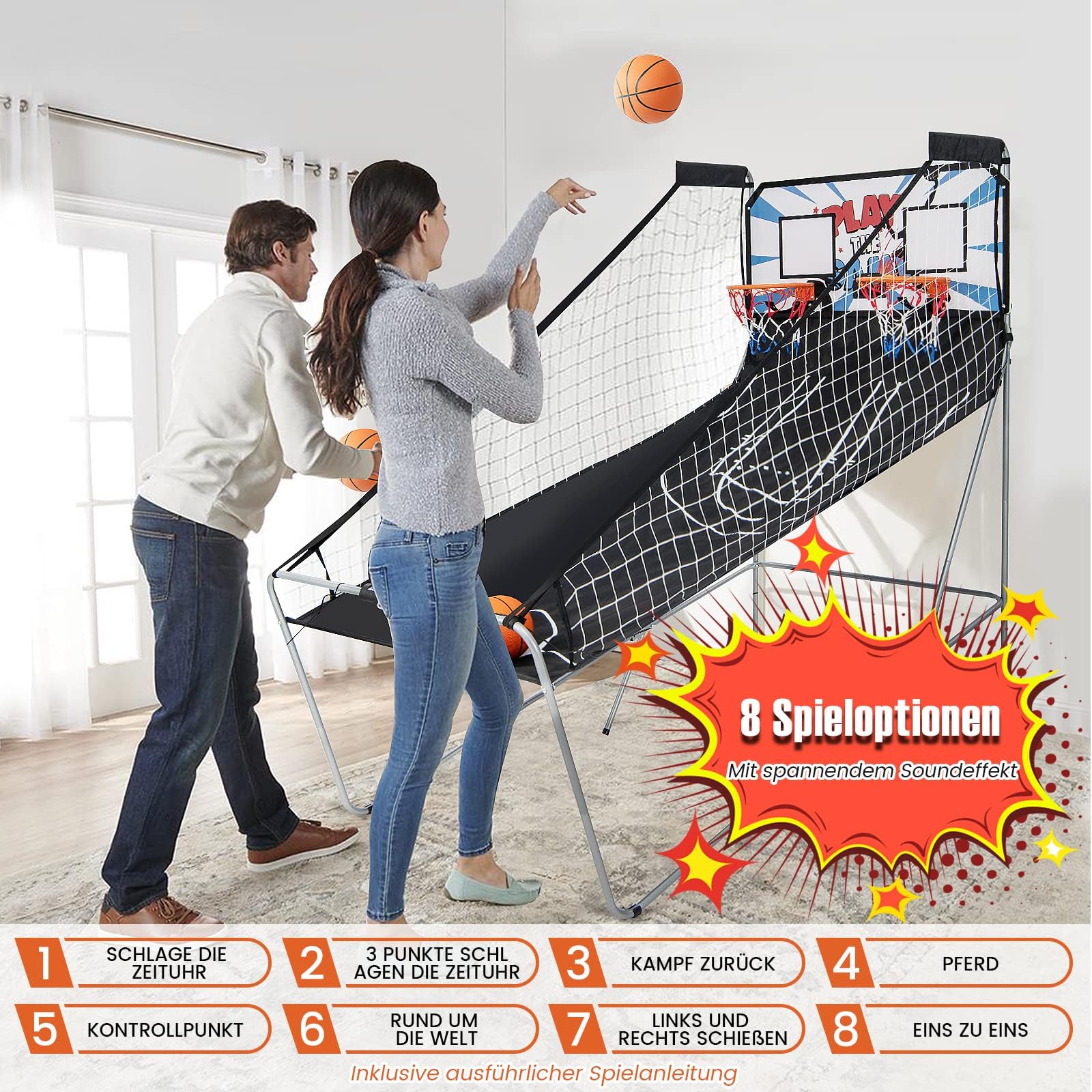 COSTWAY 8 in 1 Basketballautomat, elektrischer Baskeltballständer klappbar, Schießmaschine mit 4 Bällen, 8 Spielmodi, Luftpumpe für 2 Spieler, Arcade Basketballspiel für Kinder Erwachsene