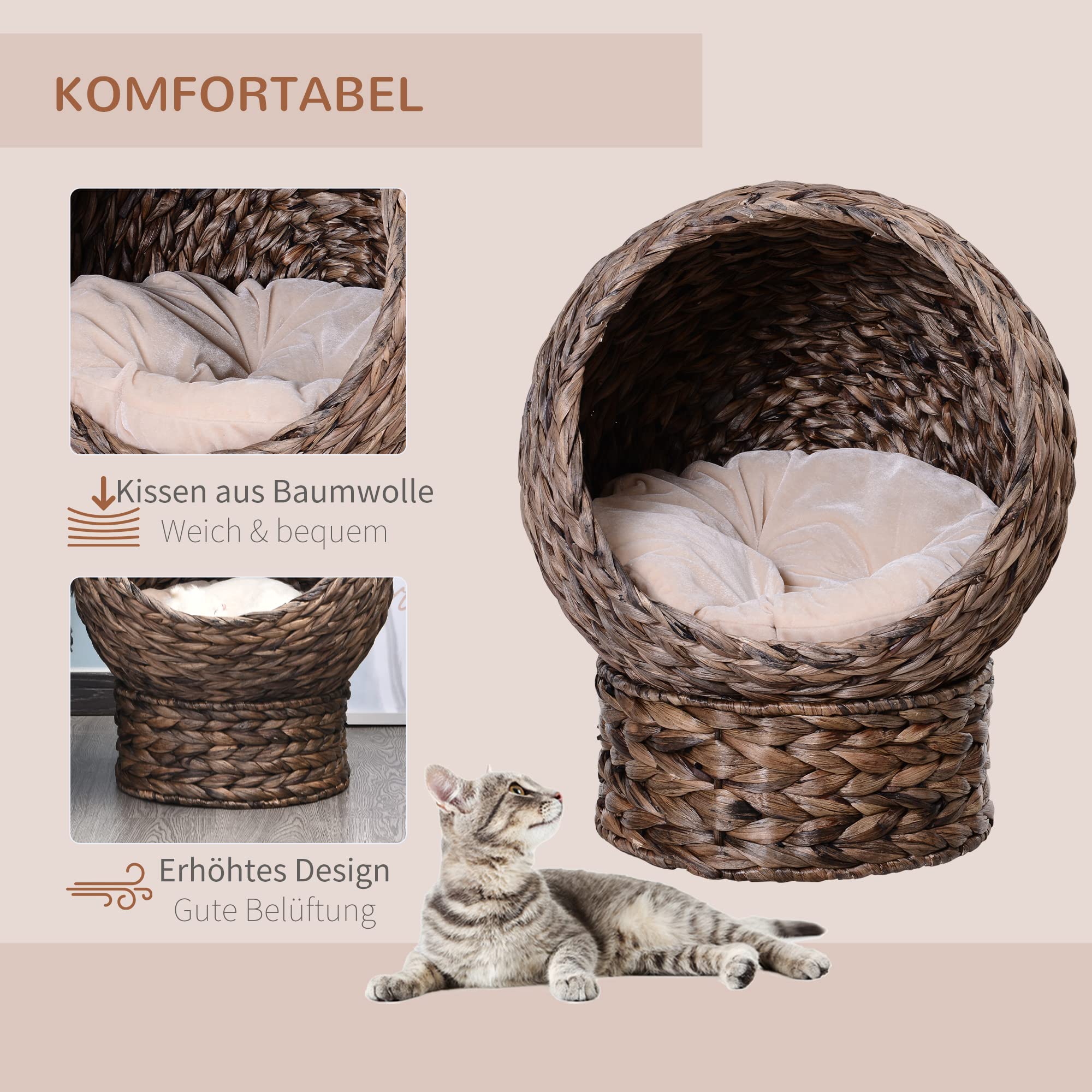 PawHut Legowisko dla kota z rattanu, domek dla kota, legowisko dla kota z poduszką, hiacynt wodny, legowisko dla zwierząt domowych, do salonu, ciemnobrązowe, 50 x 42 x 60 cm