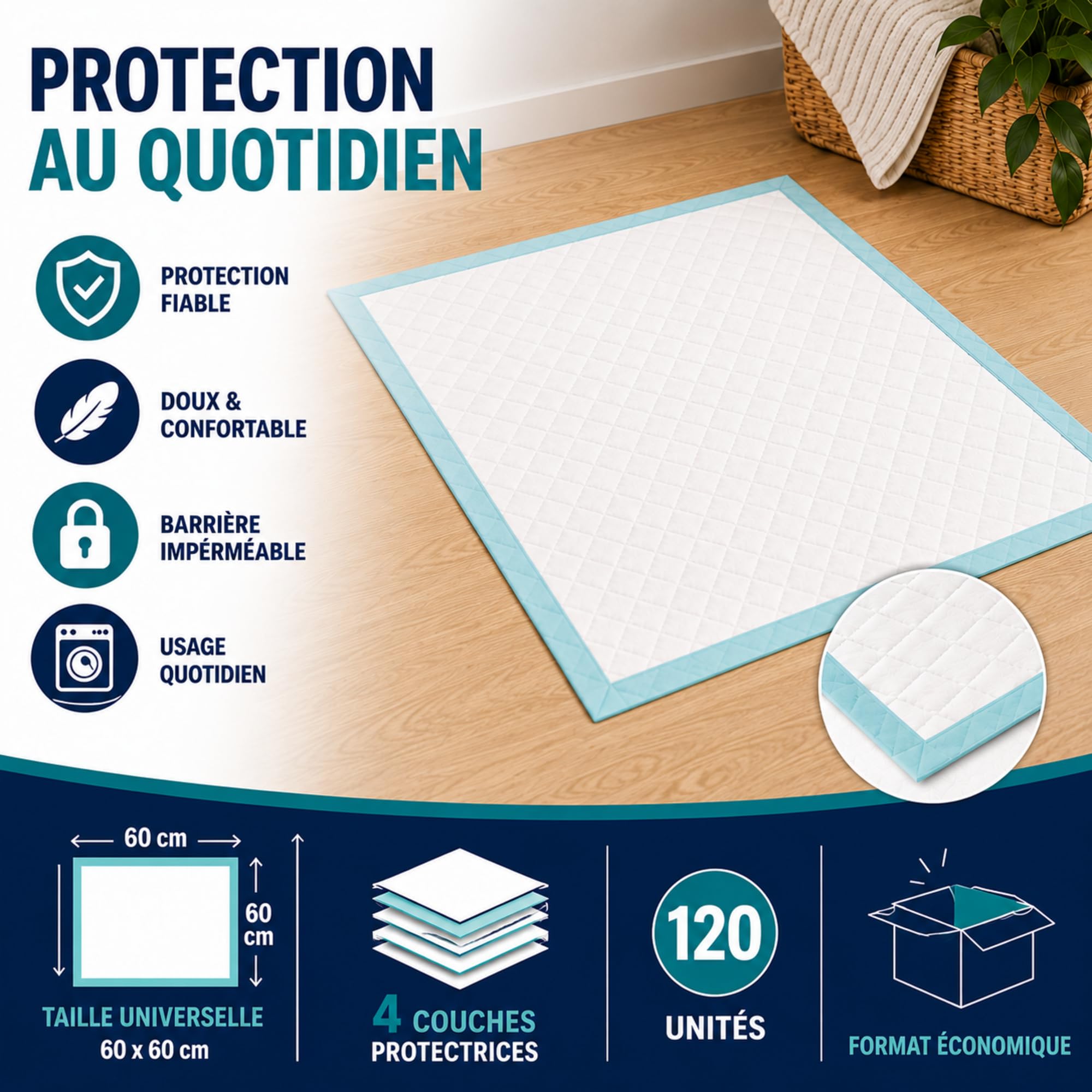 120 Alèses Jetable Ultra-Absorbante pour Incontinence (60x60 cm) – Imperméable, Hypoallergénique et Douce – Protection pour Lits, Fauteuils et Chaises – Le Pro du Médical