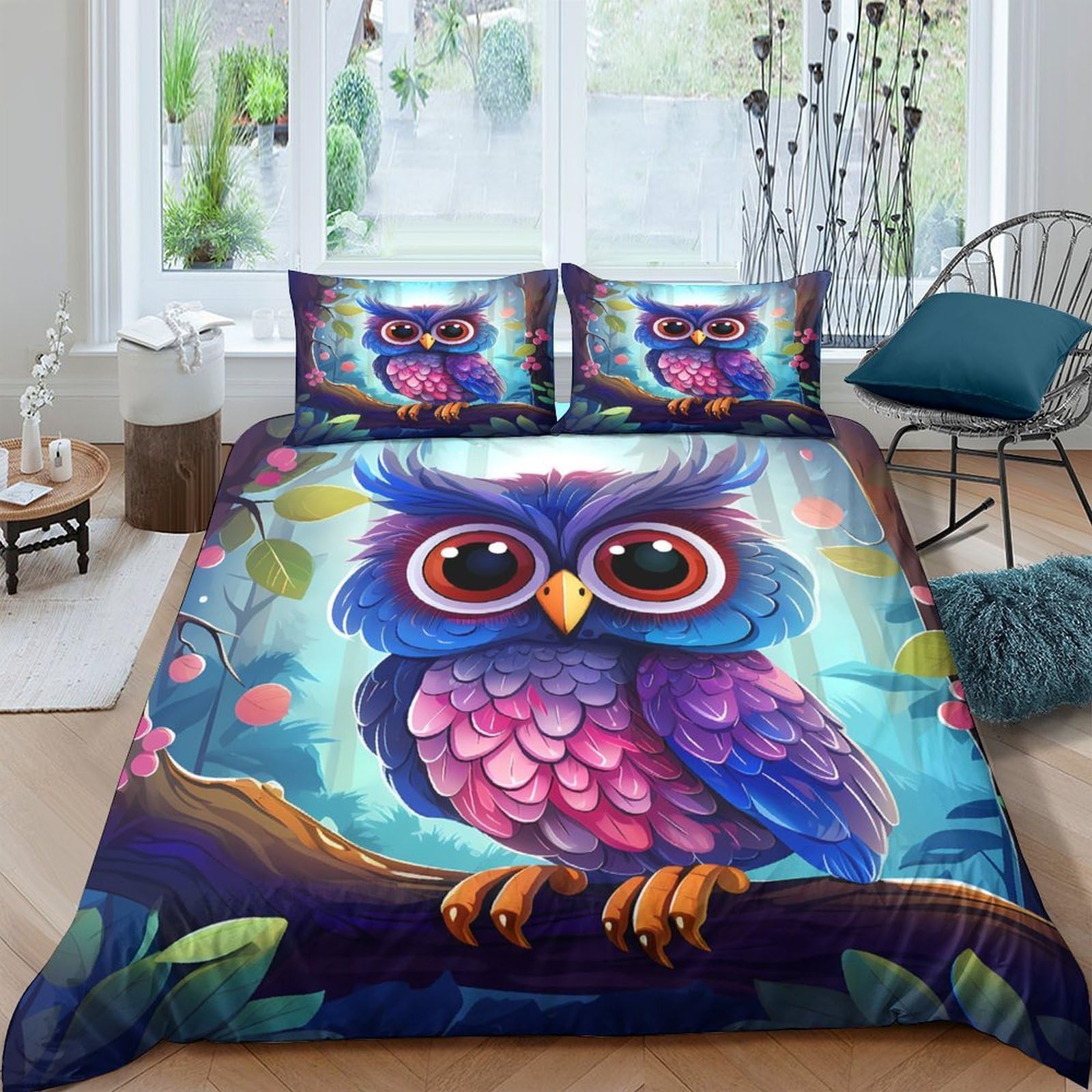 GPLZQXKJNH 3D Printed Colourful Owl Duvet Cover Microfiber Soft Breathable Forest Bedding Set with 2 Pillowcases for Bedroom Decor Single（135x200cm）