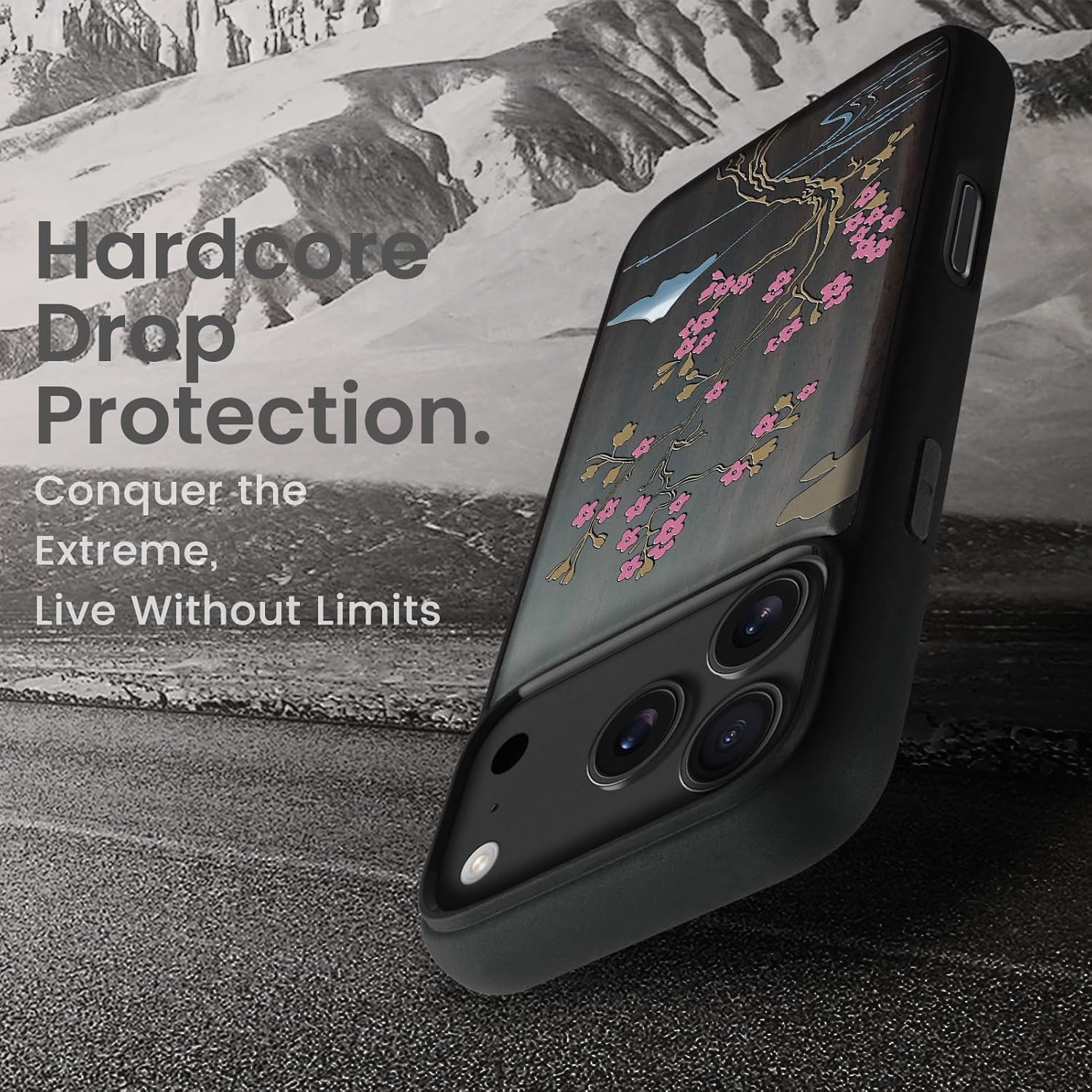 Magnetic for iPhone 17 Pro Max Case Compatible with MagSafe Wireless Charging, Wooden Cover & Shockproof TPU Phone Case, Dark Wood Hand-Drawn Pattern - Cherry Blossom Serenity