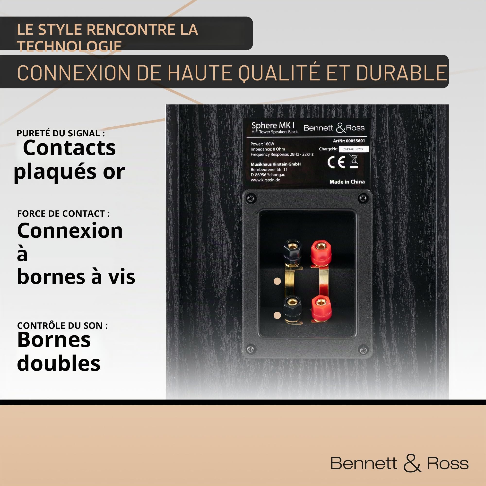 Bennett & Ross Radiant Paire d'enceintes Colonne HiFi 3 Voies (350W RMS, 6,5" woofer, 6,5" médium, 1" Tweeter, Conception Bass-Reflex, Finition Bois veiné) Noir