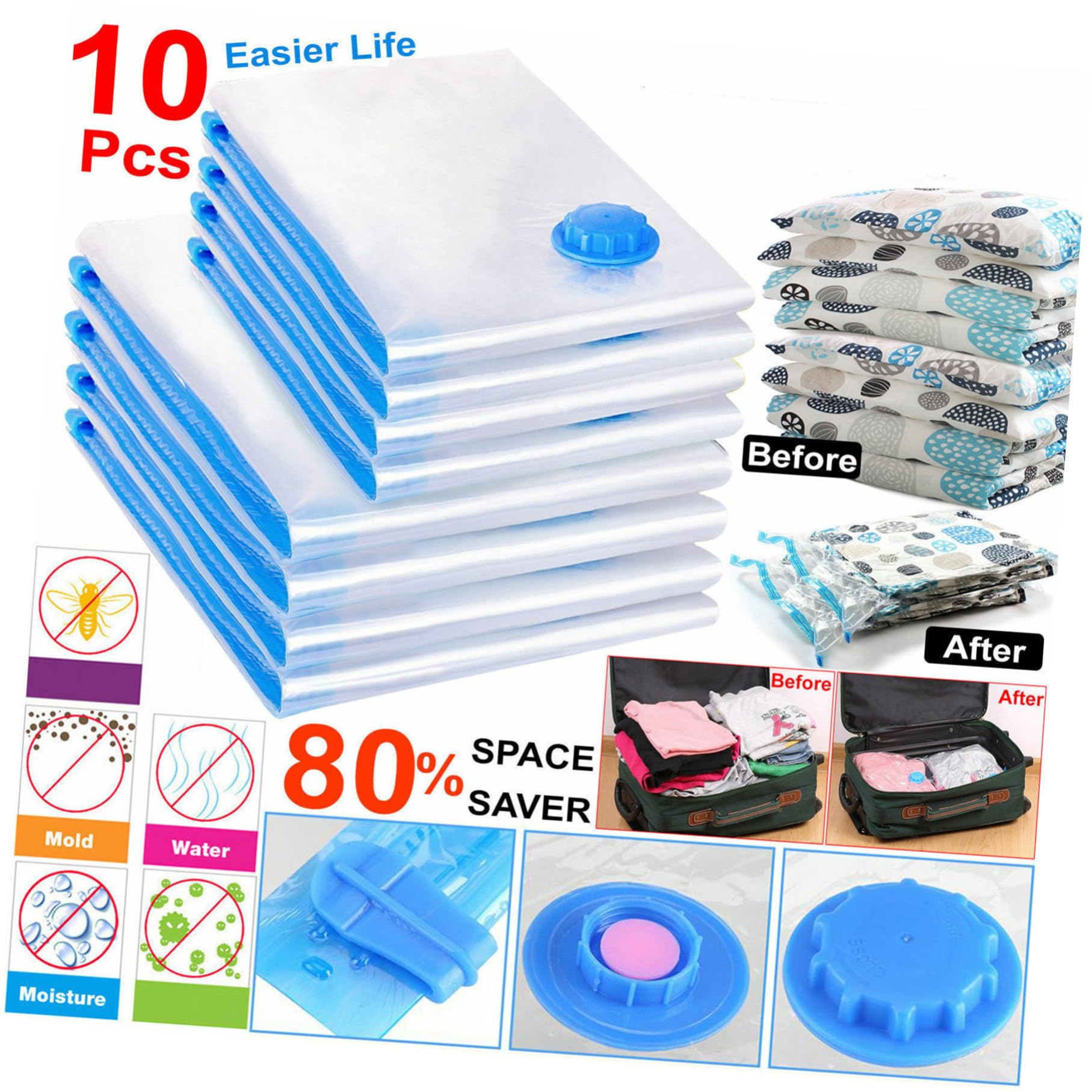 10 Stück Teiliges Wasserdichter Vakuum aufbewahrungsbeutel Platzsparende Kompressionsbeutel aus Umweltfreundlichem Material für Kleidung Bettwäsche und Quilts Faltbare Organizer