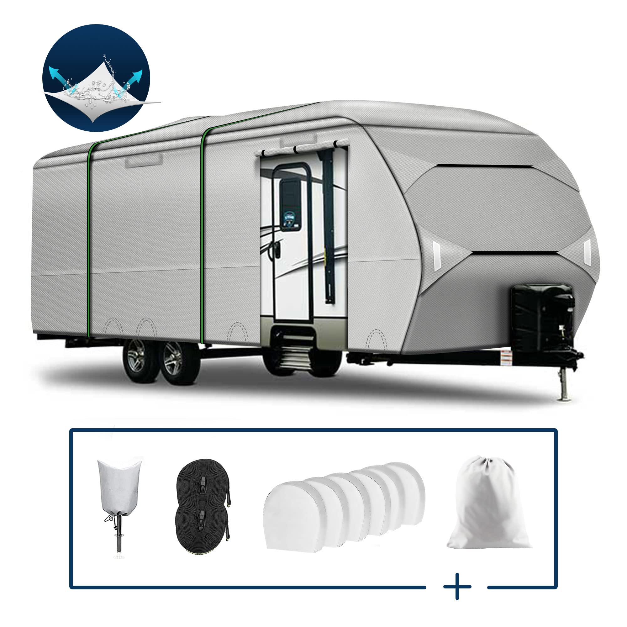 Photo 1 of PRODORE 20' - 22' Travel Trailer RV Cover Upgraded, Heavy Duty Windproof Oxford Fabric Anti-UV Anti-Aging Tear-Resistant Durable + 1 Tongue Jack Cover + 2 PCS 40' Windproof Straps + 6 Tire Covers