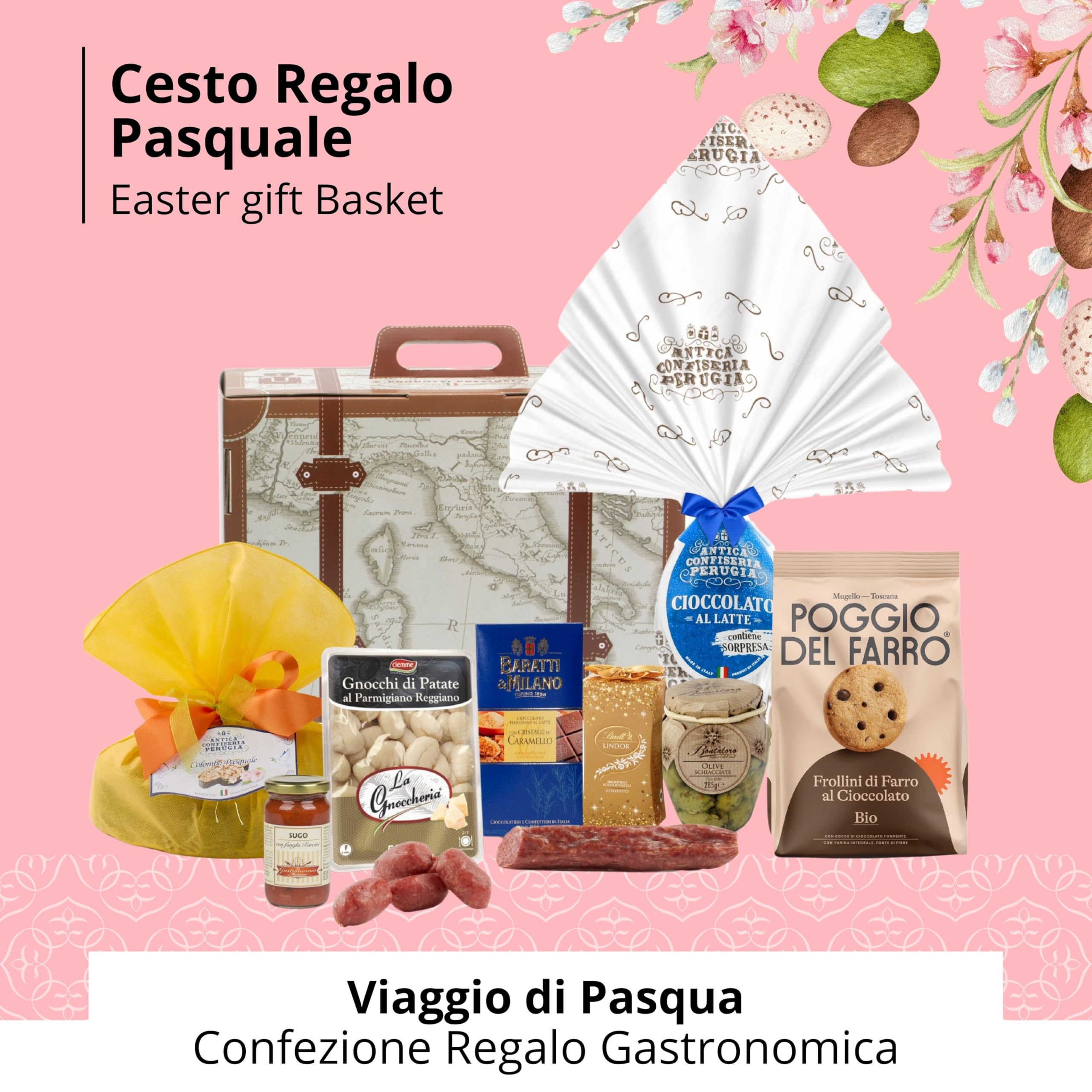 Cesto Pasquale Speciale Italia - Cesto Regalo Alimentare Valigia di Pasqua, Confezione Pasquale con Uovo, Colomba e Specialità Gastronomiche Gourmet [10 pezzi]