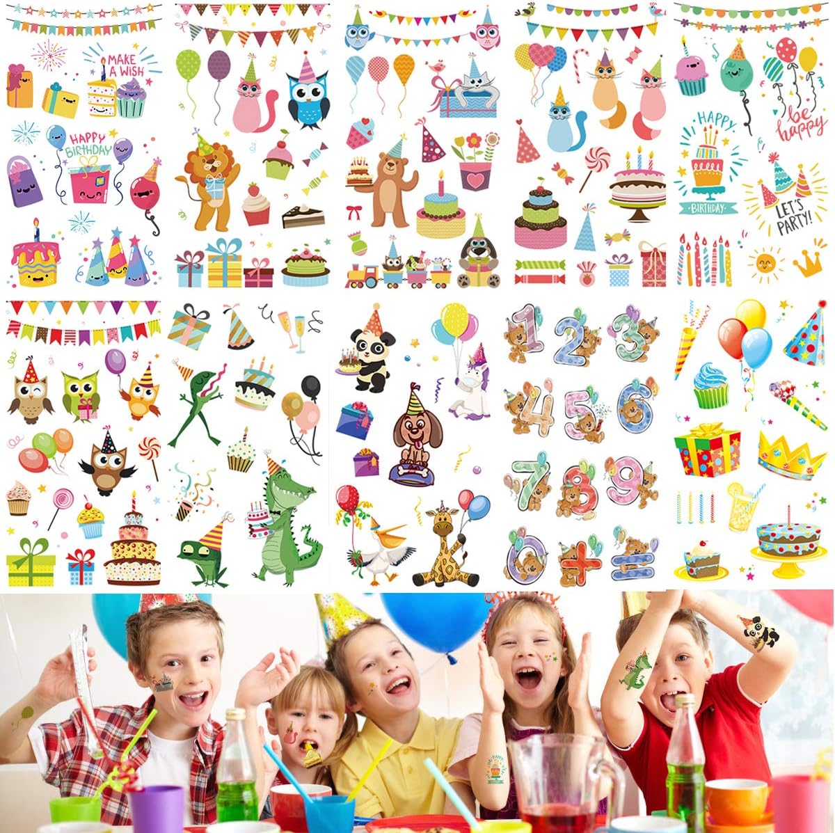 Happy Birthday Woodland Animal Temporary Tattoos(130Pcs) Summer Waterproof Birthday Stickers for Kids, Birthday Baby Shower Party Supplies Decoration for Kids and Adults