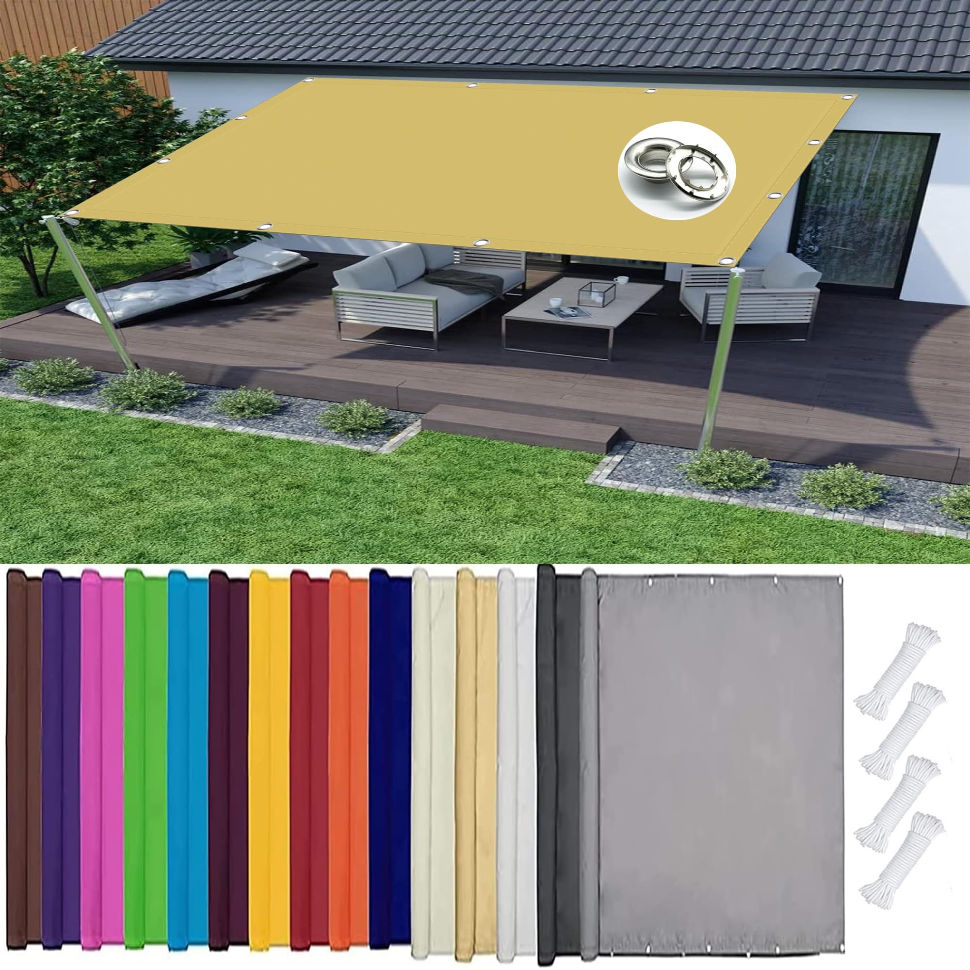 KLGFBDC Waterproof Sun Shade Sail 1.4x2m Rectangular UV Protection 95% for Balcony & Terrace TearResistant Canopy Fabric Windproof Colors with Rope Cream