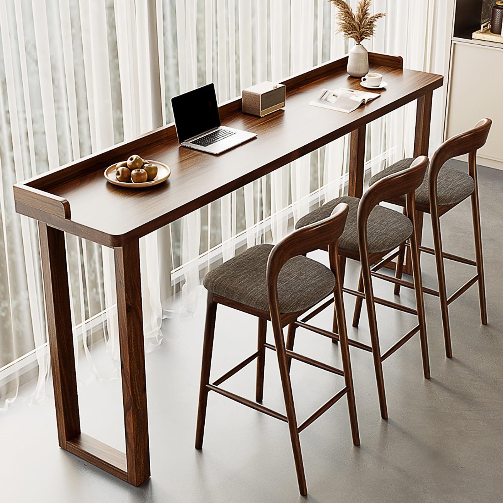 SXZenSpace Brown Solid Wood Bar Height Table 79in Coffee Counter Desk with Fence Narrow Rectangle Dining Console for Bistro Cafe & Home No Stool Included