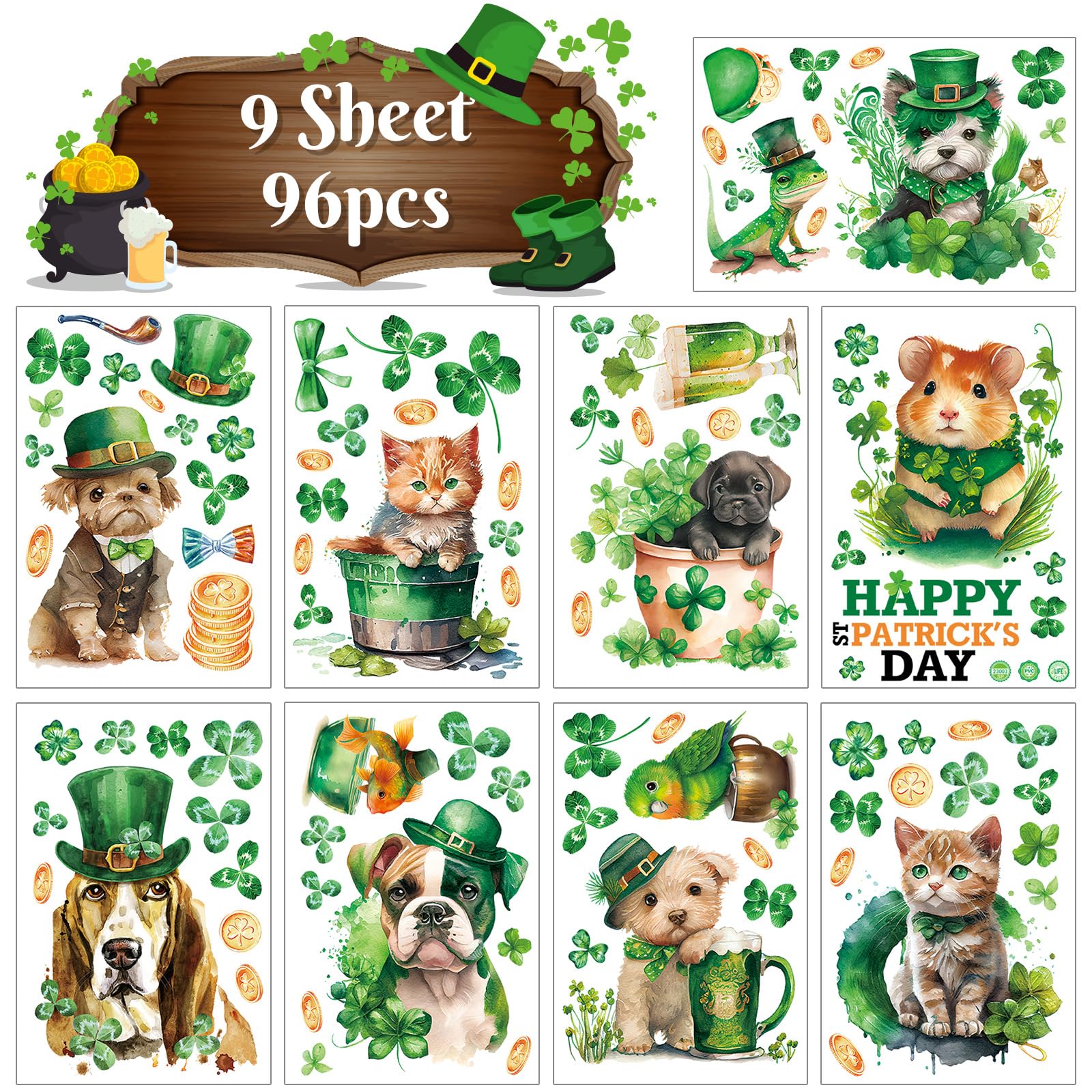 St Patricks Day Window Clings: 9 Sheets Saint Patrick's Day Stickers with Shamrock Dogs Cats Coins for Glass Windows Decor - St Pattys Day Party Decorations for Home Classroom Office