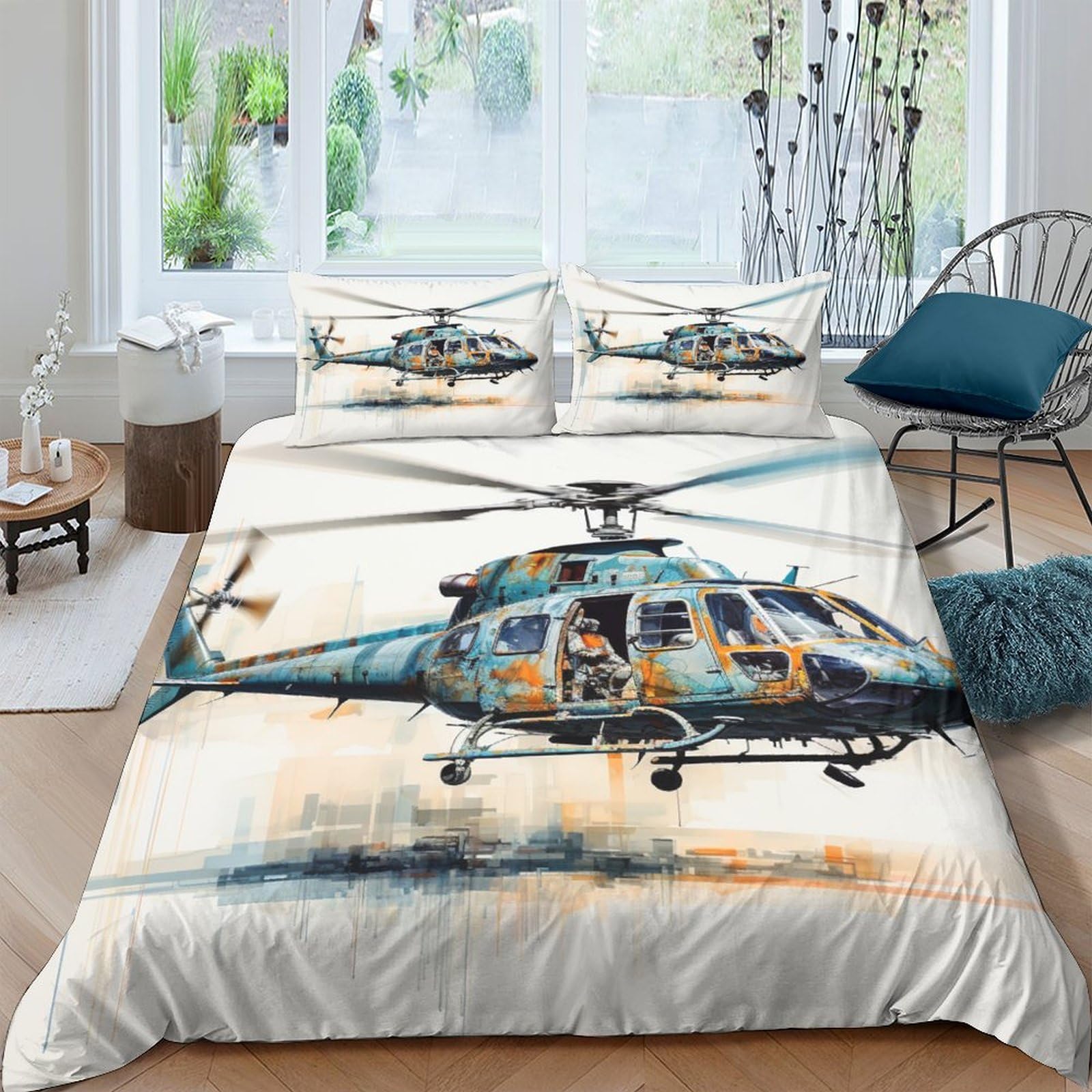 Parure de lit 3 pièces hélicoptère drap housse couette 220x240