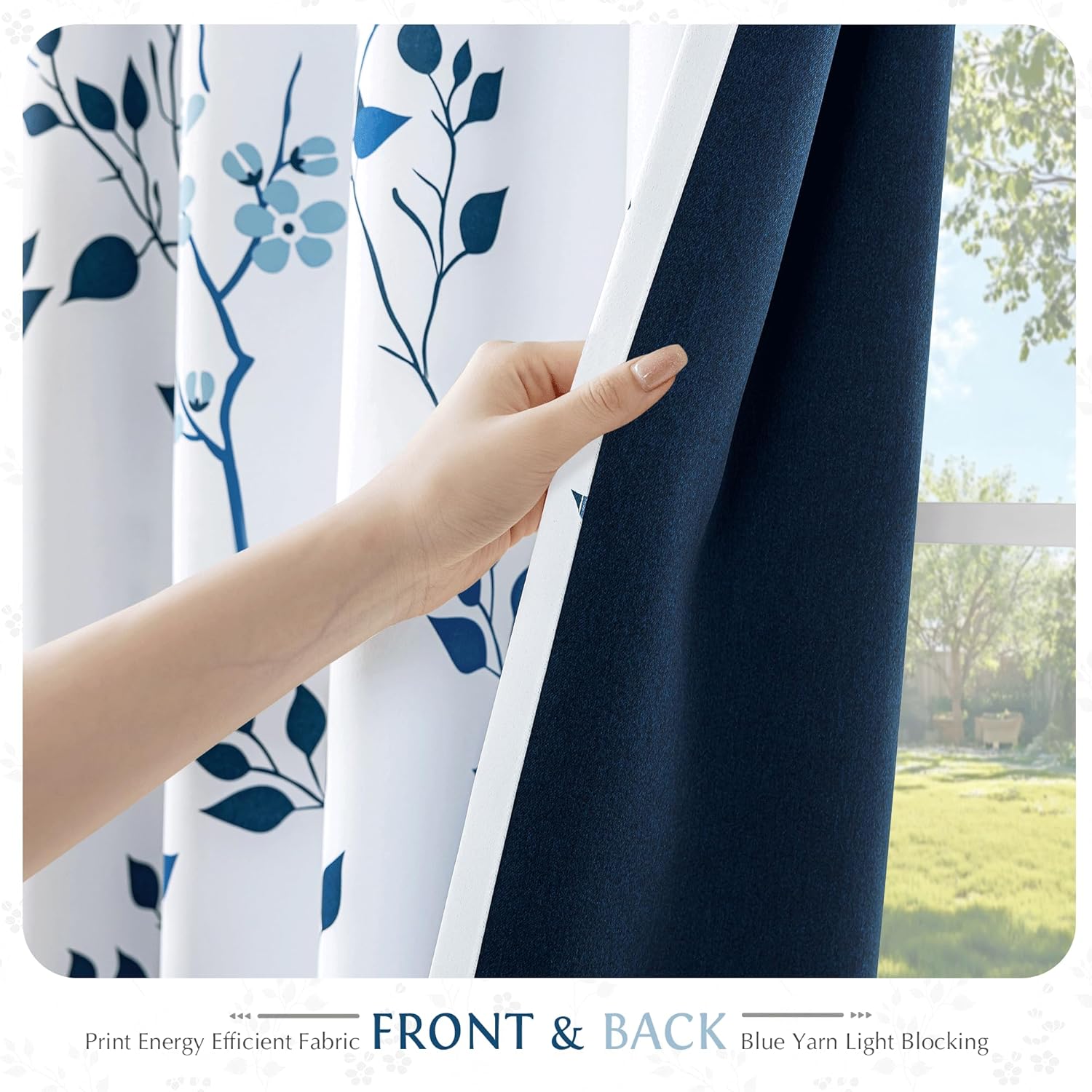 Beauoop Floral 100% Blackout Curtains 84 Inches Long 2 Panels for Bedroom Living Room Navy Blue and White Flower Patterned Room Darkening Thermal Soundproof Grommet Window Treatments Drapes, 52X84 - Image 3