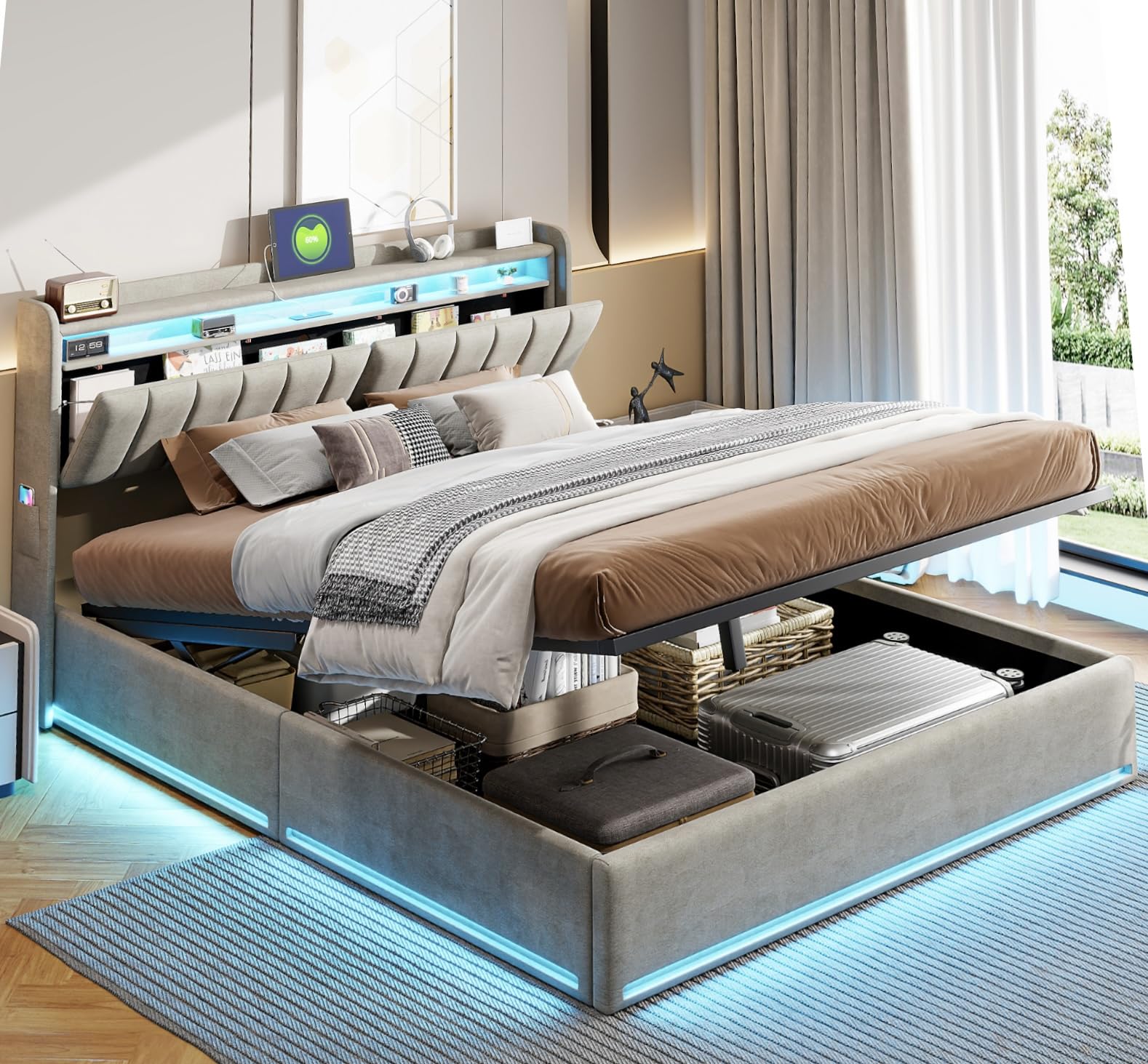 BRILVERDE Letto imbottito 140x200 con Contenitore idraulico, Letto matrimoniale a LED con USB, Funzionale con testiera, Struttura letto con rete a doghe, Velluto (Grigio, 140 x 200 cm)