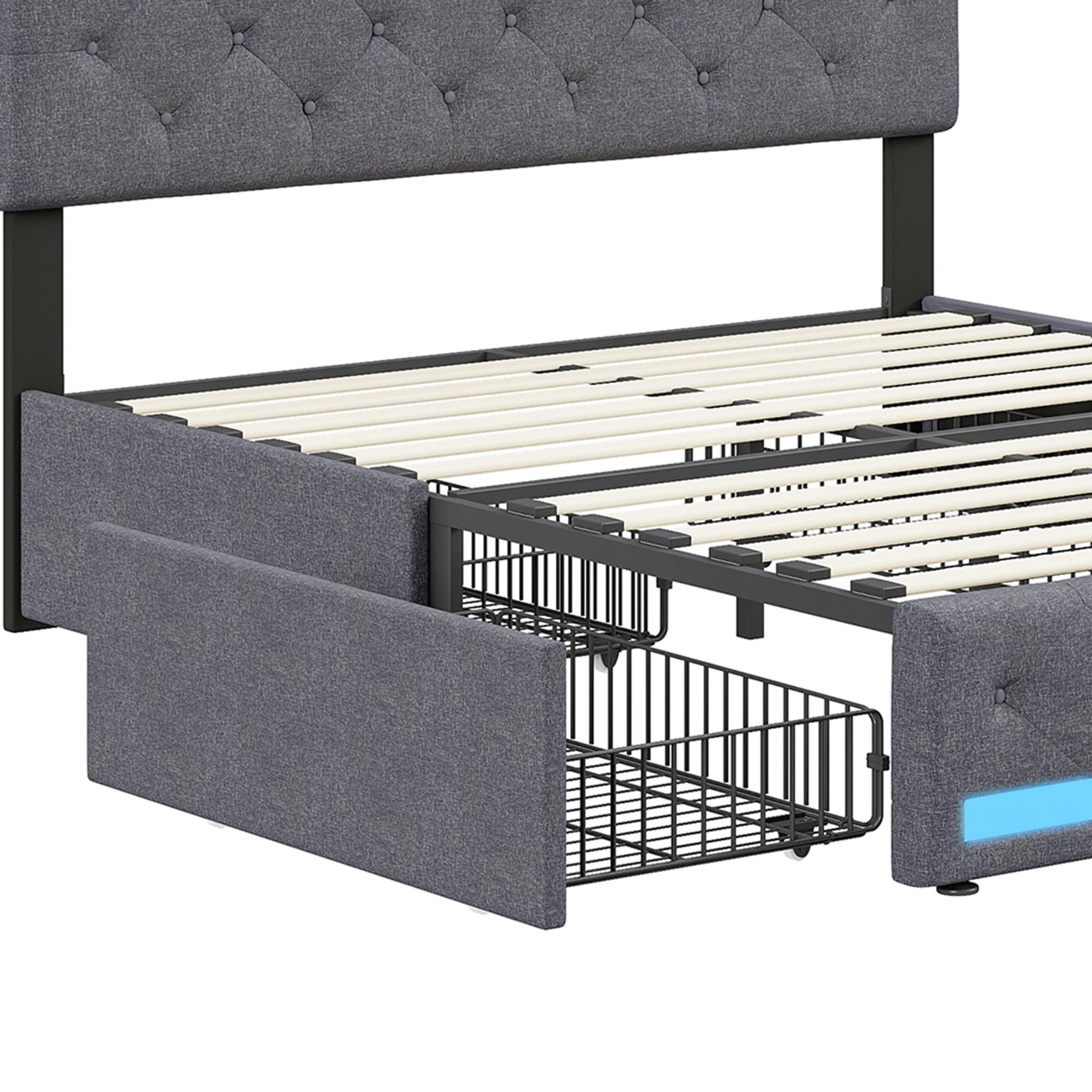 Letto imbottito 180 x 200 cm con illuminazione a LED, letto doppio con 4 cassetti, testiera regolabile in altezza con USB, funzionale con rete in legno, lino, grigio scuro