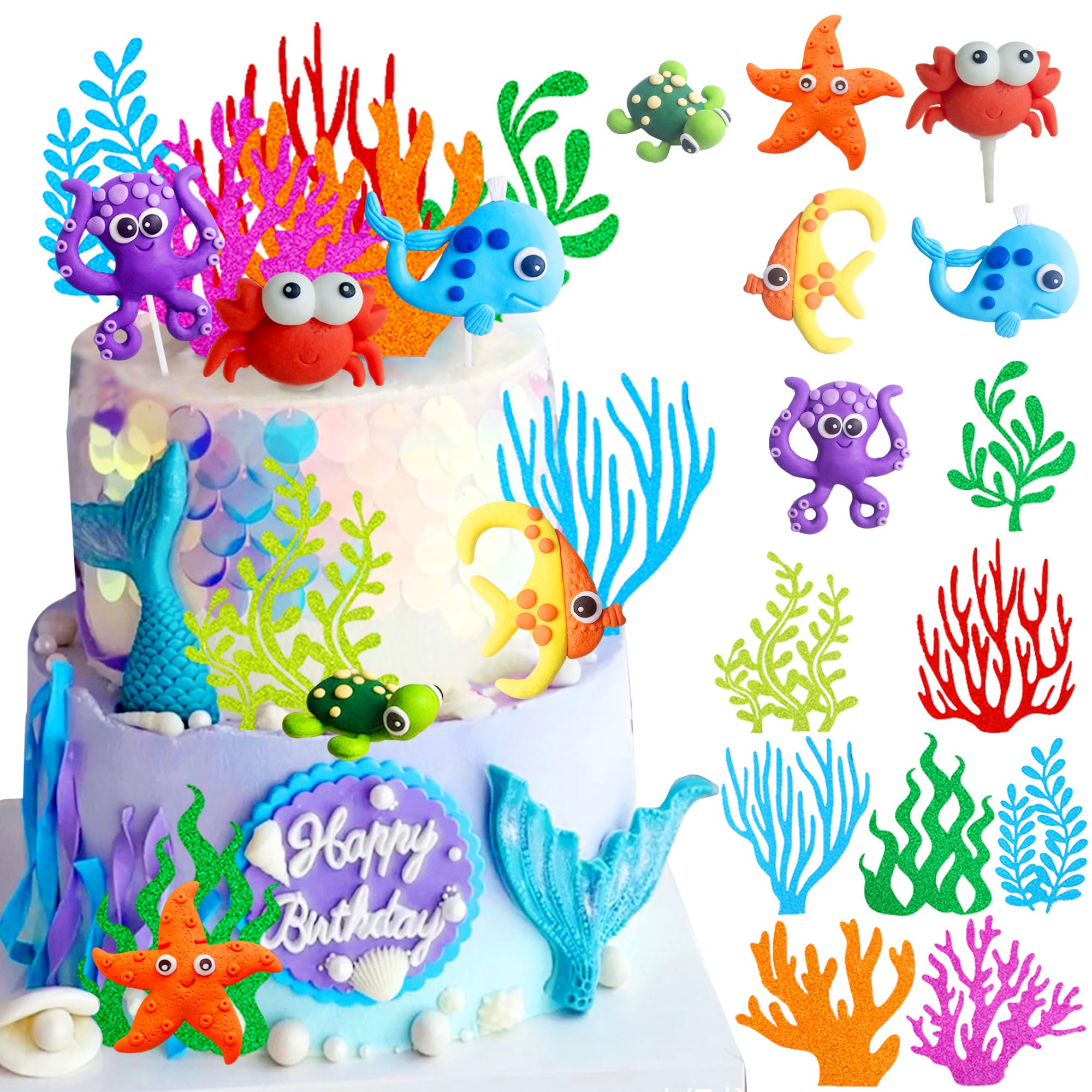 LaVenty 14 PCS Luxury Under The Sea Cake Decorations Fishing Cake Decorations Sea Turtle Octopus Ocean Cake Topper Under The Sea Party Supplies