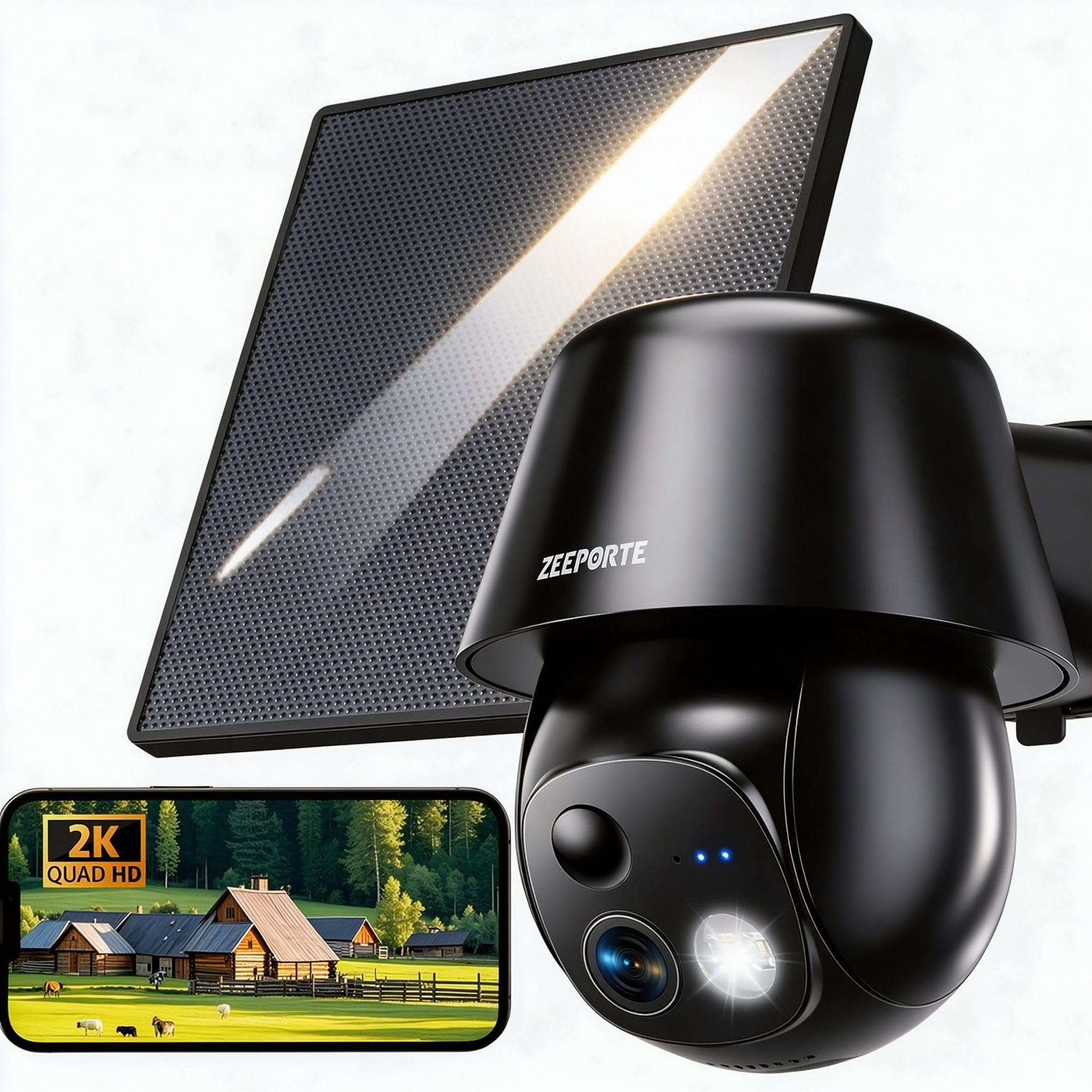 Solar Security Cameras Wireless Outdoor, 2K Pan/Tilt 360° View Solar/Battery Powered WiFi Cameras for Home Security with AI Motion Detection, Spotlight, 2-Way Audio, Siren, IP65, SD/Cloud Storage