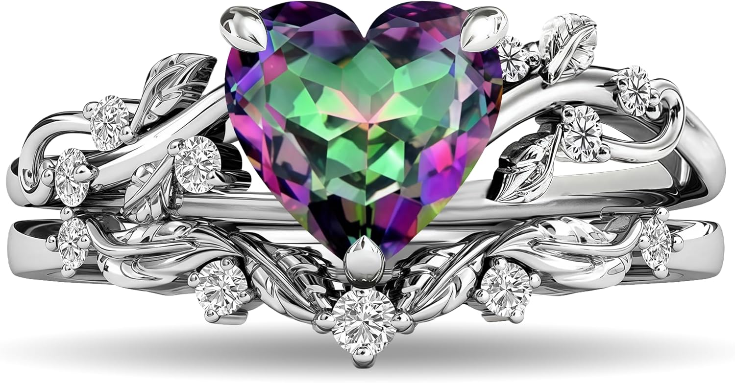 925 Sterling Silver Vintage Leaf Design Moss Agate Heart Gemstone Nature Inspired Bridal Ring Set For Women，Engagement Wedding Ring Set Size 4-12.5