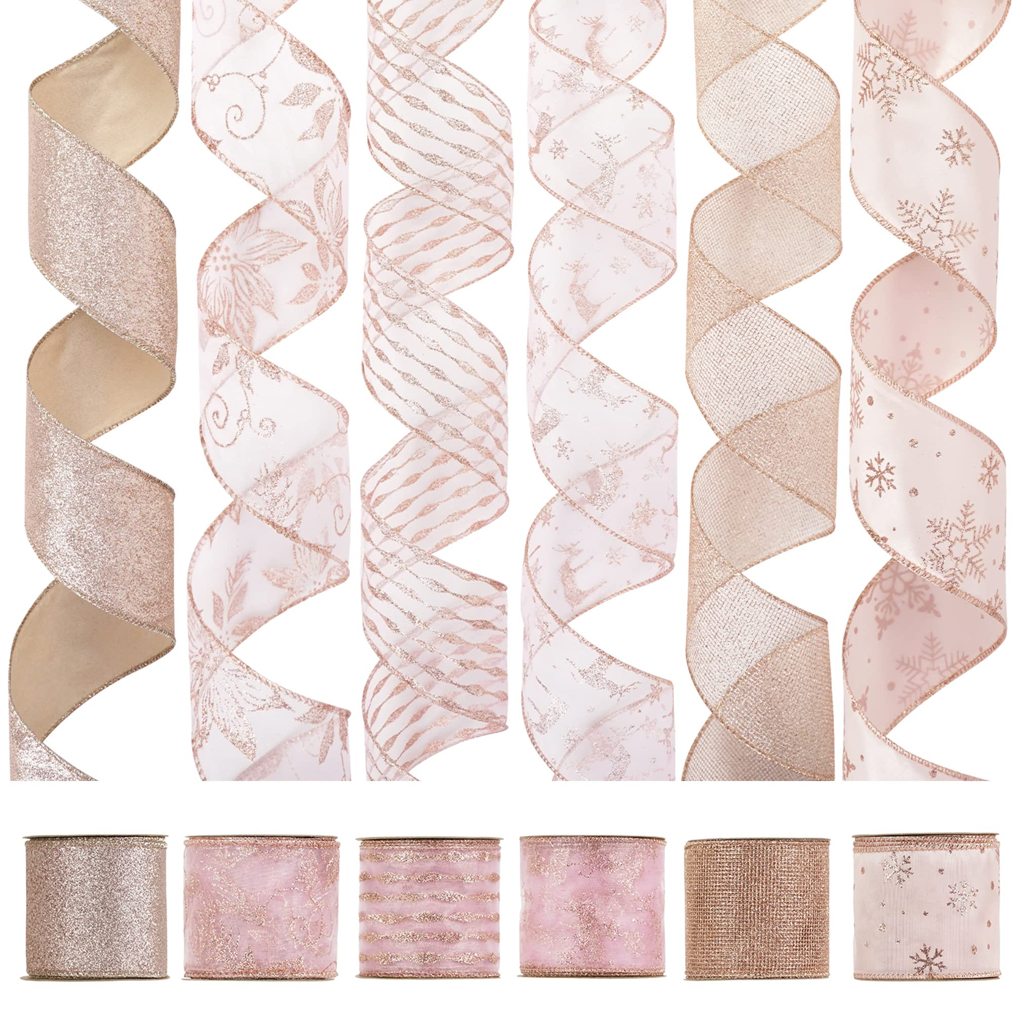 HUIHUANG Christmas Ribbon Wired 2.5 inch Rose Gold Ribbon for Christmas Tree Rose Pink Christmas Ribbons for Gift Wrapping, Tree Decorations, Crafts, Wreath, Garland, Bows -6 Rolls x 6 Yards Each