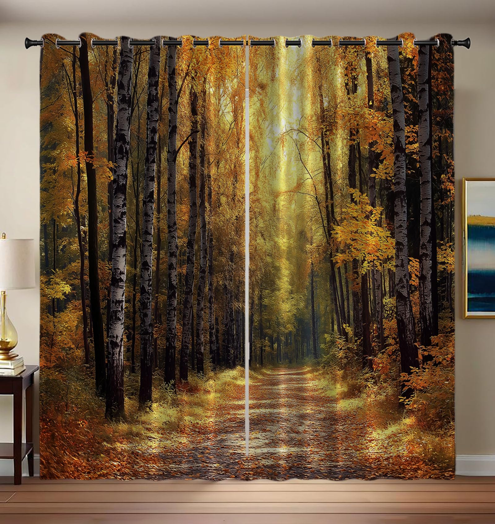 Rideaux occultants 140x225 cm isolant thermique imprimé 3D forêt de bouleaux