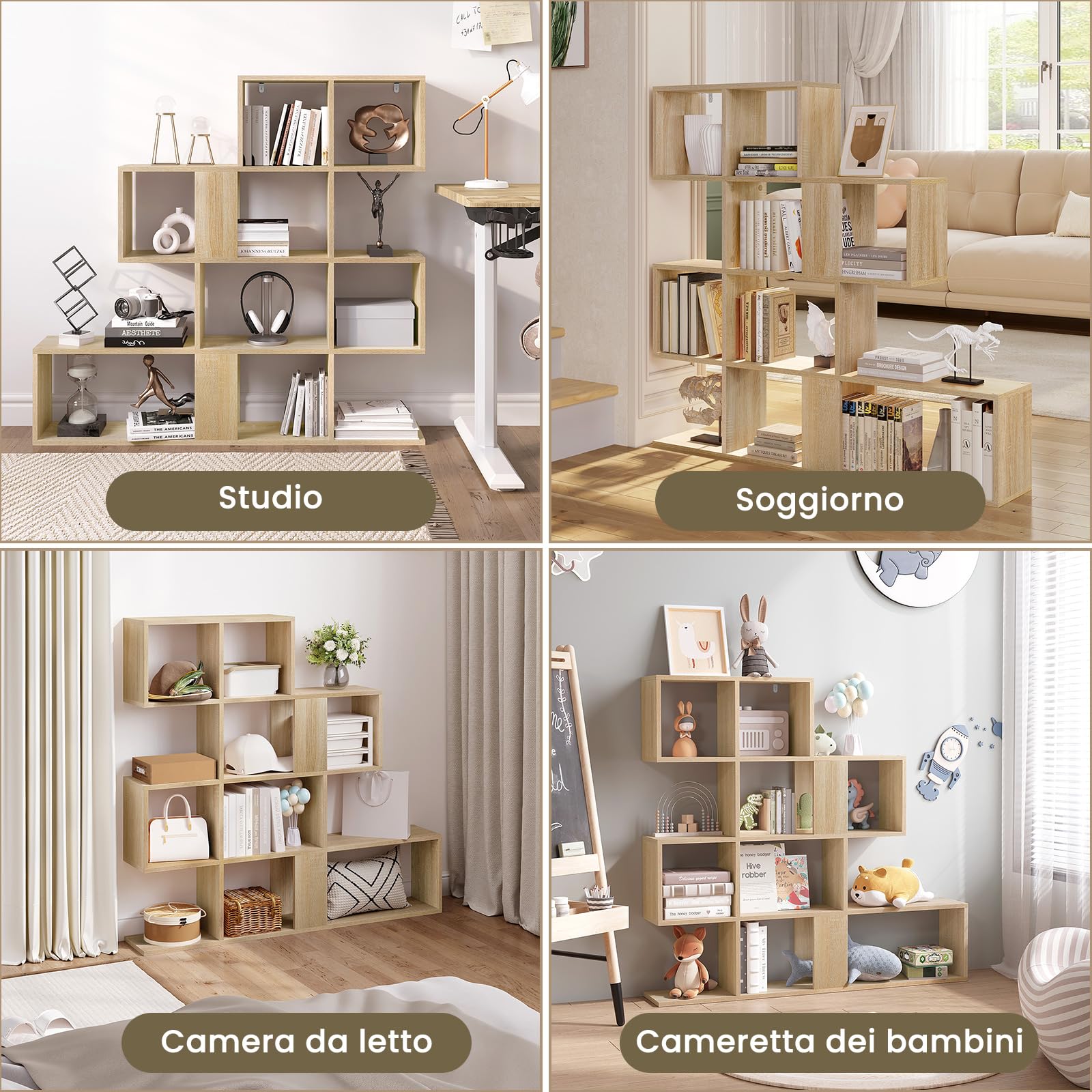 eSituro Libreria a 4 Livelli, Scaffale Divisorio con 11 Scomparti Aperti, Scaffale in Piedi, Scaffale a Gradini, per Soggiorno, Camera da Letto, Ufficio, 115x109,5x19,5 Cm, Rovere Chiaro