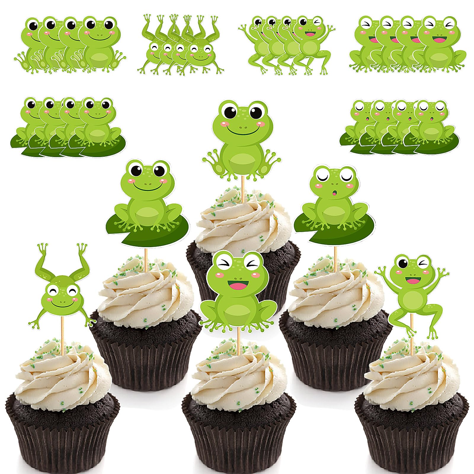 Silars Frog Cupcake Toppers, 24pcs Frog Cake Decorations Baby Shower Cake Toppers, Frog Theme Cake Toppers for Baby Shower, Birthday Party, Celebration