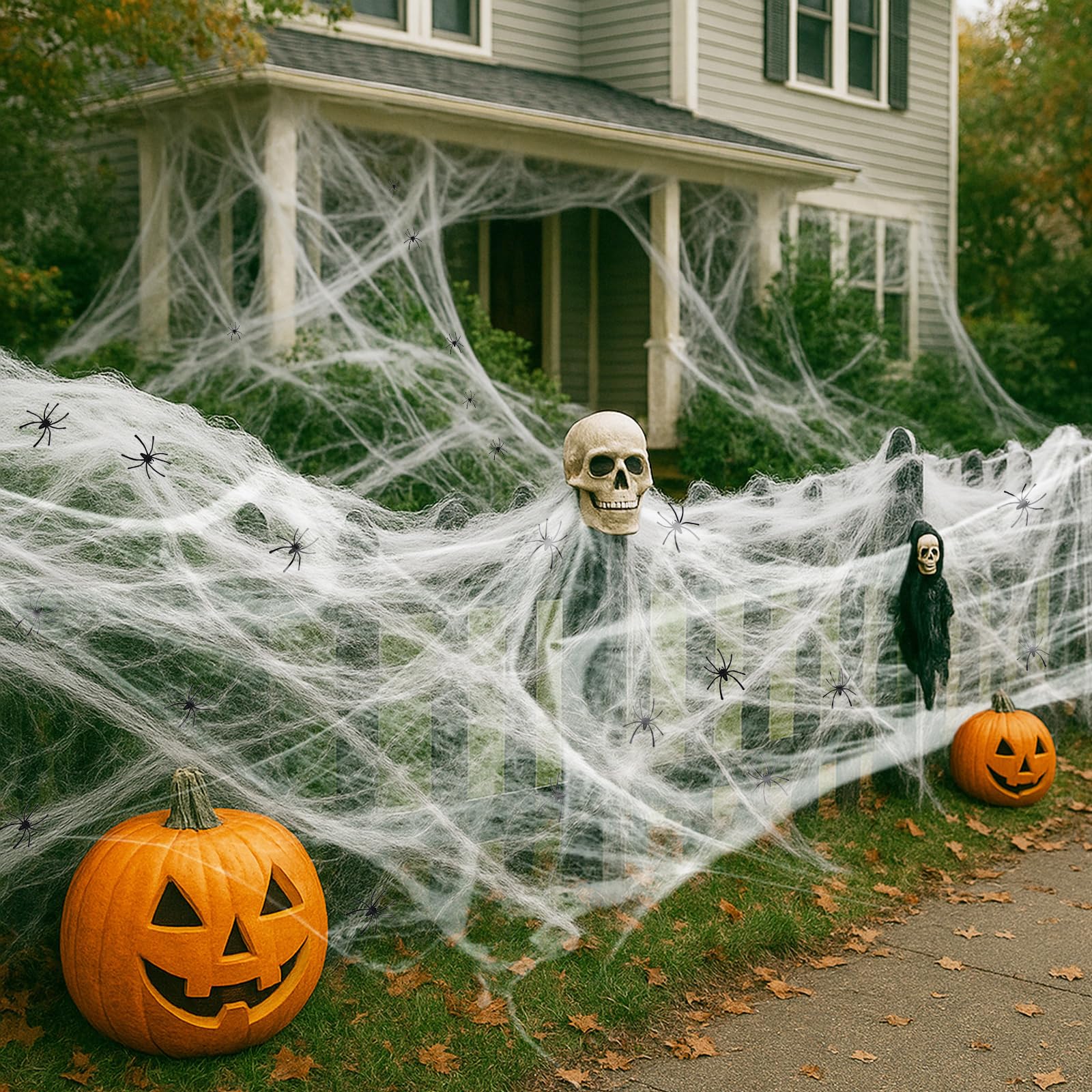 Toile d'araignée Halloween extensible 300g et 60 araignées pour grand espace extérieur