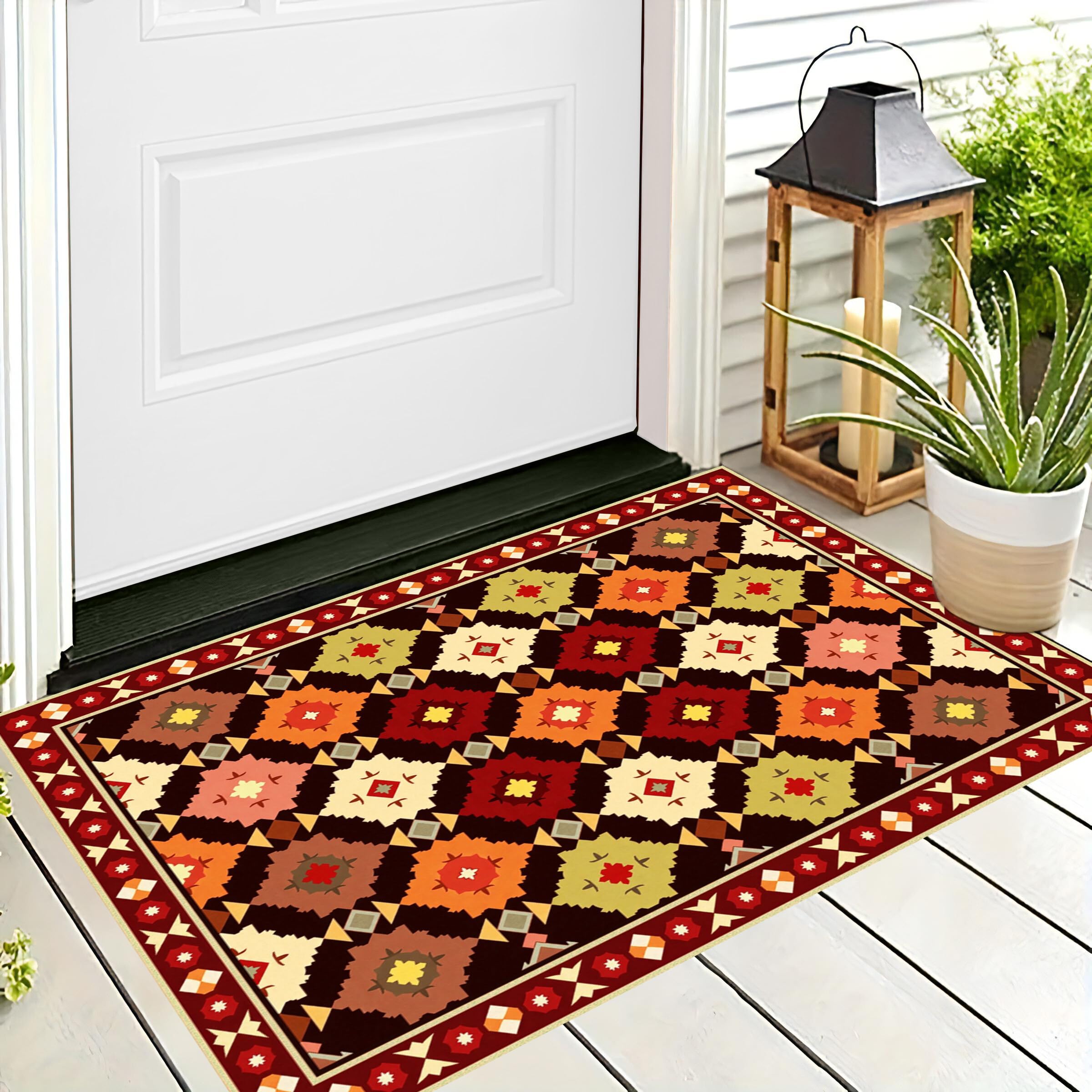 Tapis rouge vert antidérapant et lavable à motif fleurs rétro
