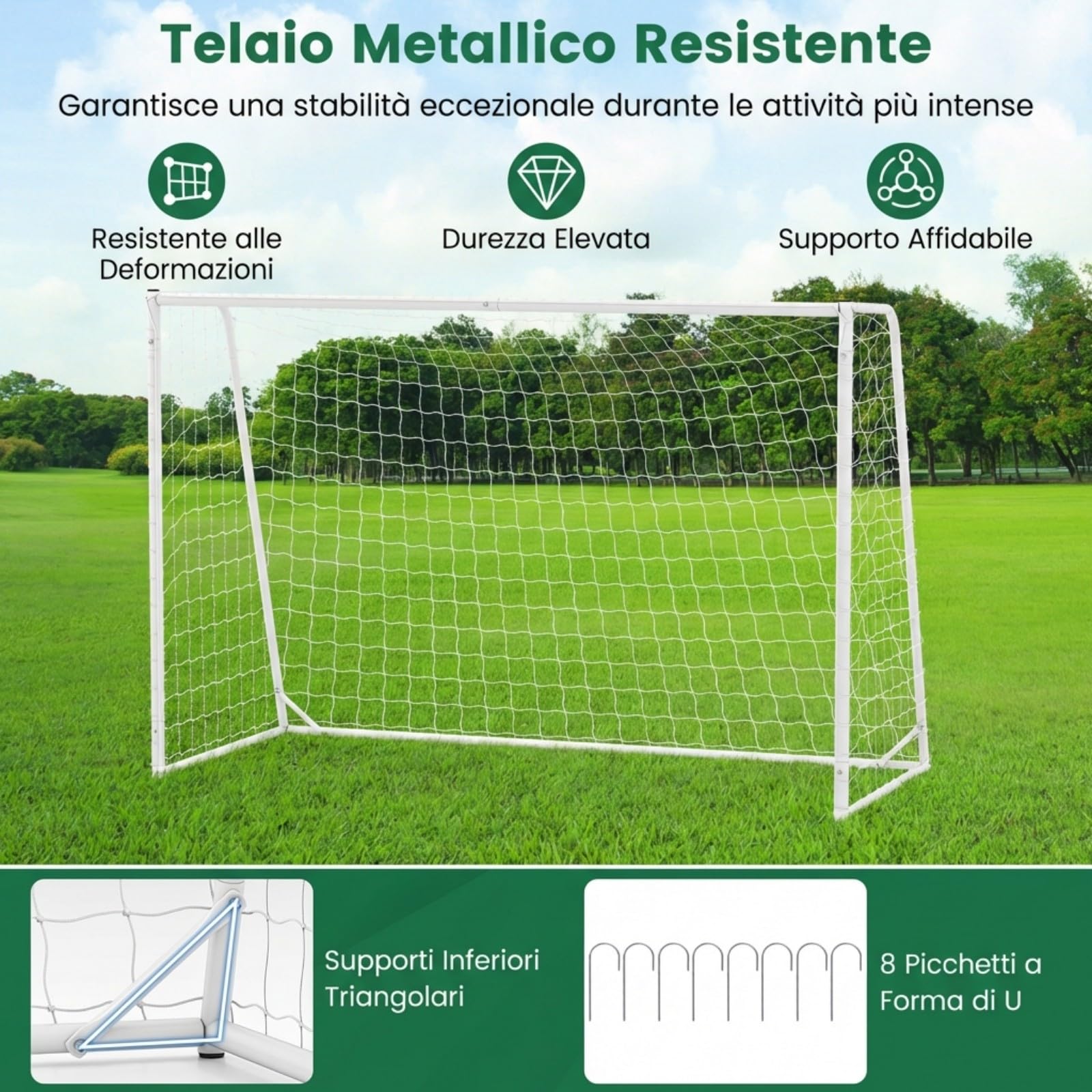 COSTWAY Porta da Calcio 300 x 204 cm con Telaio in Metallo, Rete in PE, 8 Picchetti e 16 Fascette, Facile Montaggio, Attrezzatura per Allenamento Calcio per Bambini, Giovani e Adulti