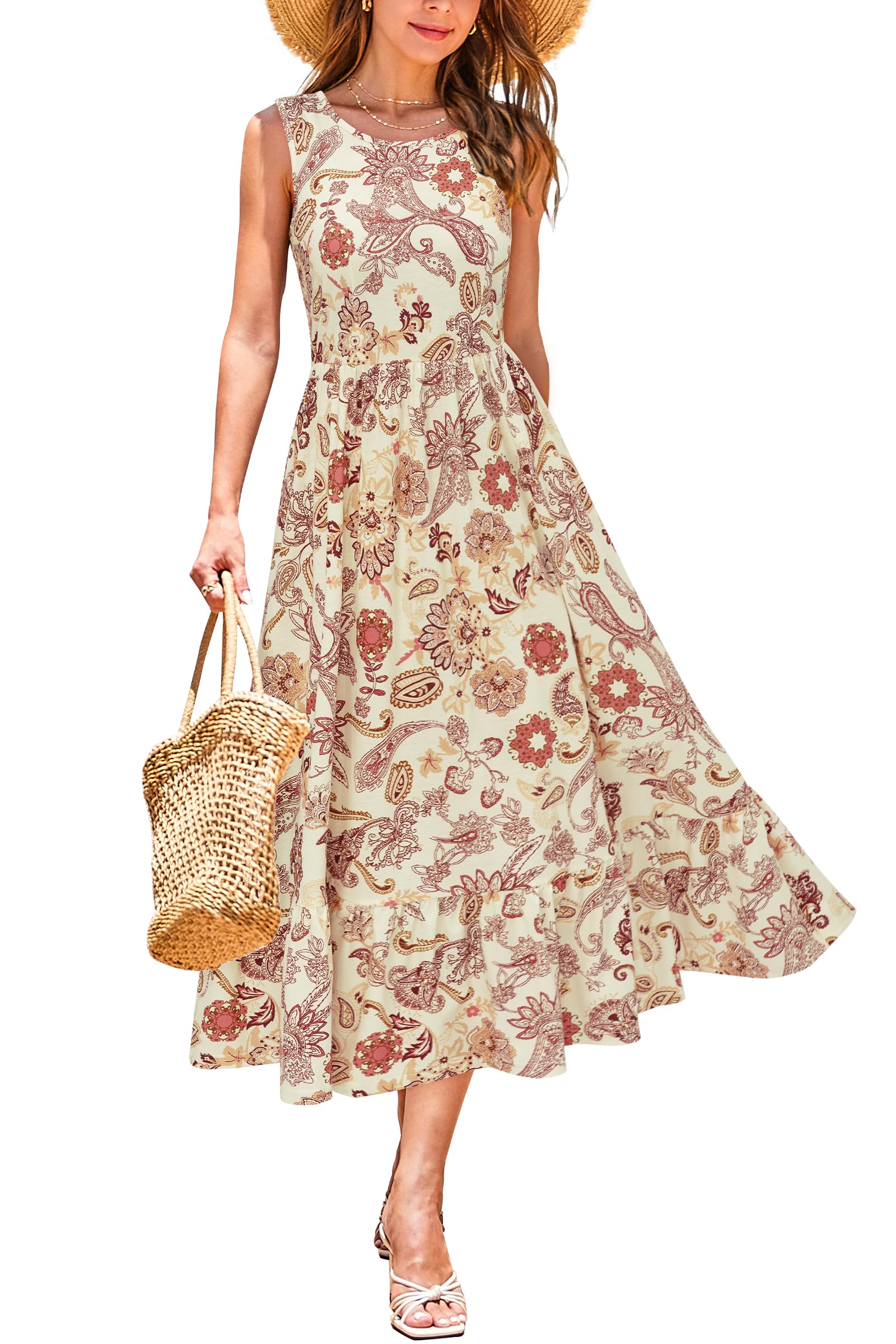 Women's 2025 Summer Sleeveless Crewneck Maxi Sundress Casual Tiered Flowy Boho Long Beach Dress Vacation Outfits(Apricot Floral,S)