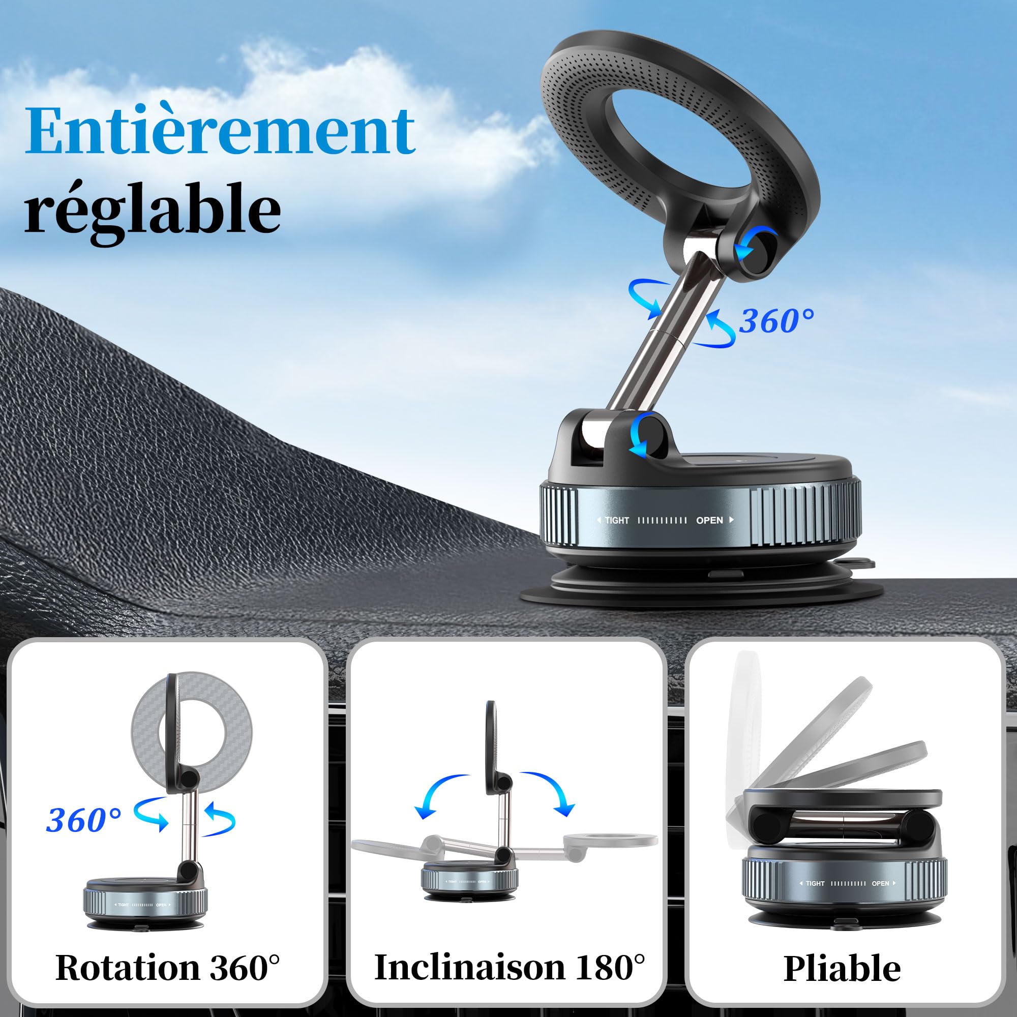 Support Téléphone Voiture Ventouse Puissante Magnétique Rotation 360° Fixation Ultra-Stable Compatible iPhone 17/16/15/14/13/12 Pro/Pro Max