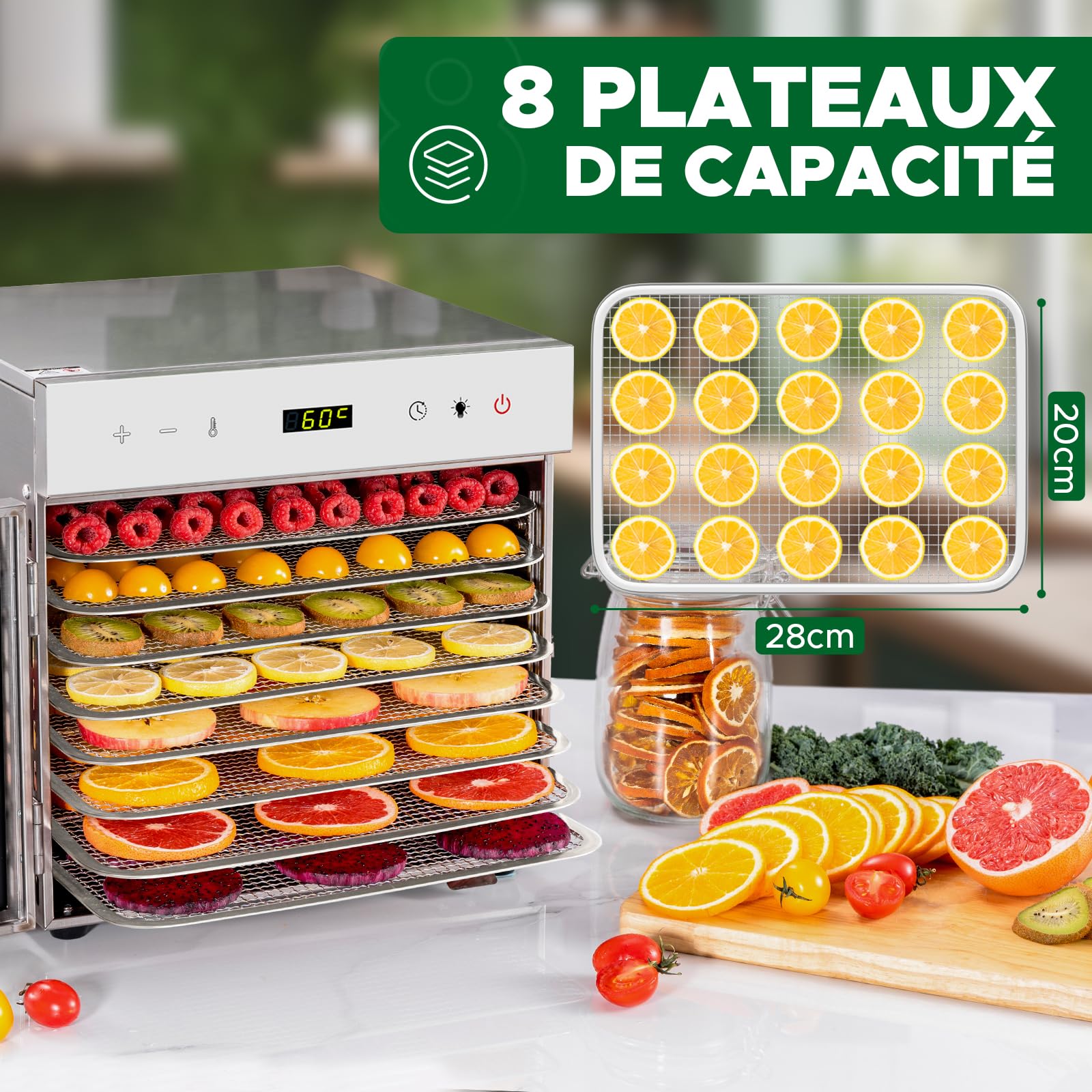 Kwasyo Deshydrateur Alimentaire en acier inoxydable, 8 Plateaux, régulateur de température de 30 à 90 °C, fonction minuterie de 24 h, sans BPA, déshydrateur pour fruits, viandes, légumes