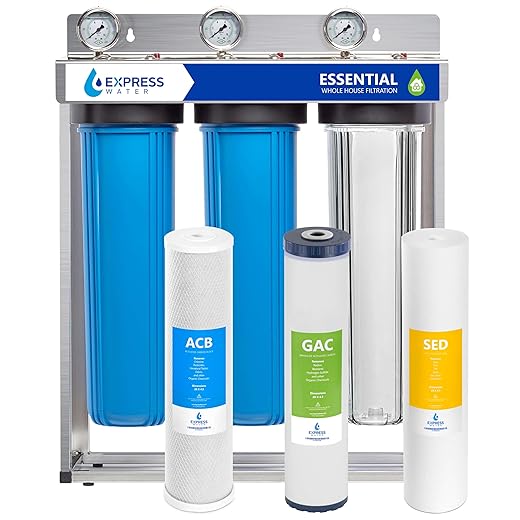Express Water Whole House Water Filter – 3 Stage Home Water Filtration System – Sediment, Coconut Shell Carbon Filters – includes Pressure Gauges, Easy Release, and 1” Inch Connections