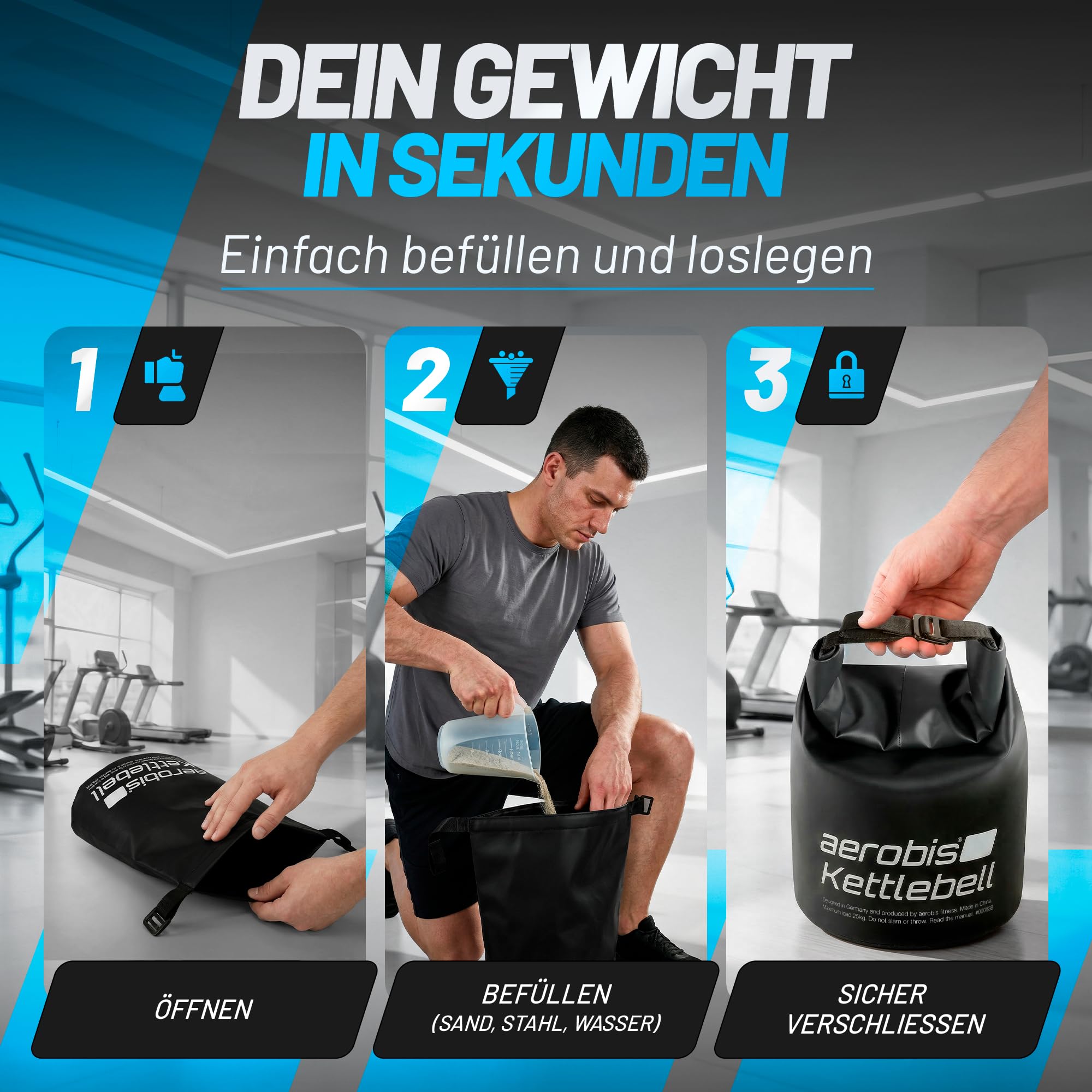 aerobis® Kettlebell verstellbar - 1 bis 25 kg individuell anpassbare Sand Kugelhantel - Platzsparend & Reisetauglich, strength training equipment, Kugelgewicht, Gewicht Kugel