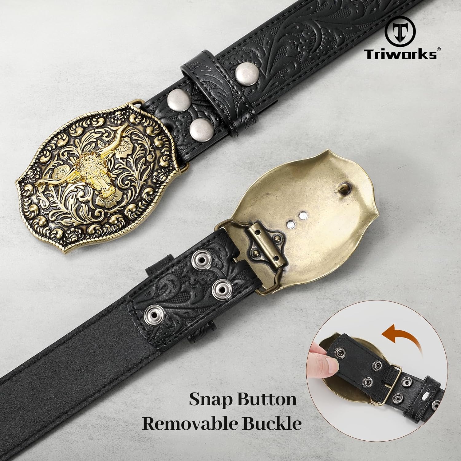 TRIWORKS Mens Western Cowboy Belt - Cowgirl Western Country Belt with Floral Engraved Buckle - Image 5