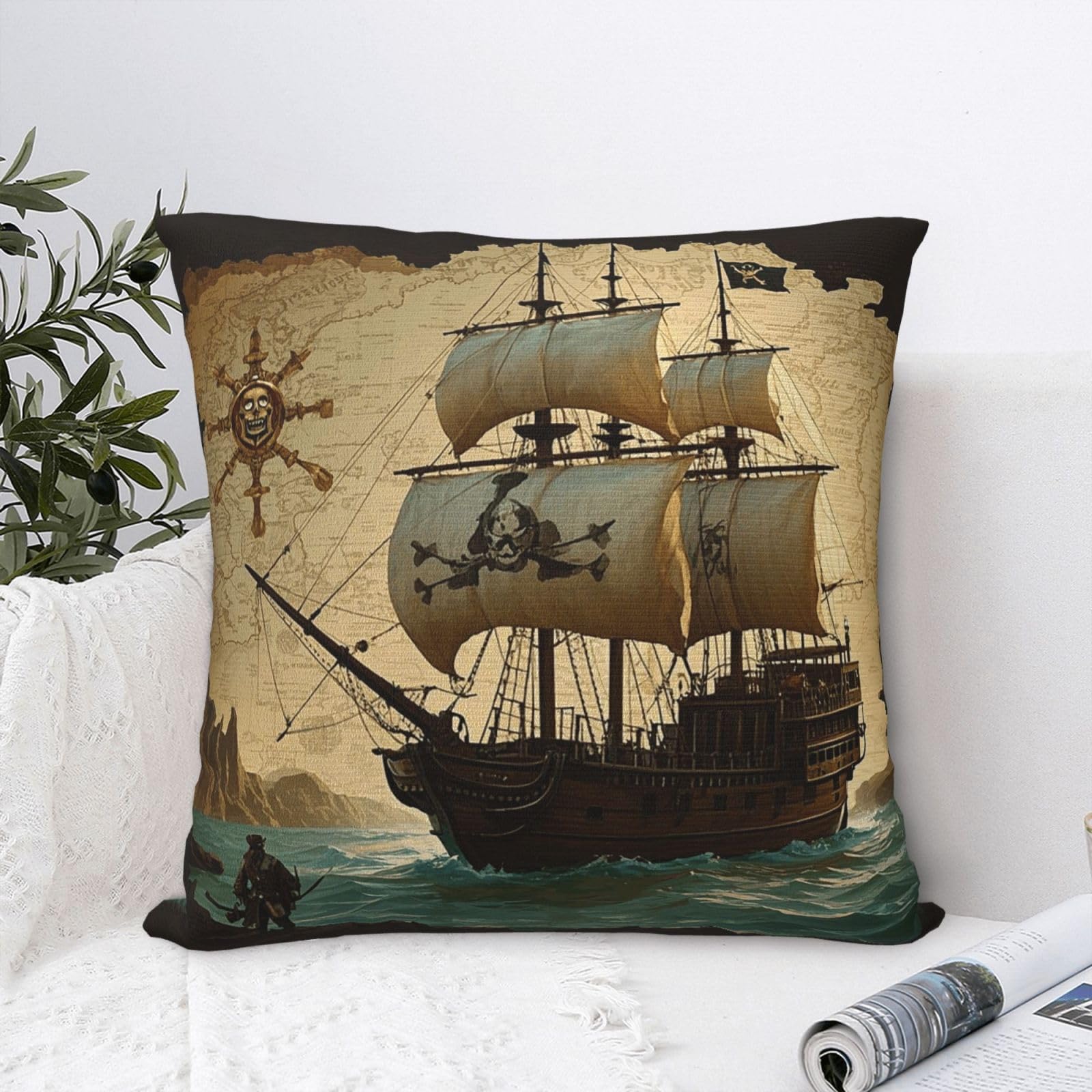 FodPand Luxury Velvet Throw Pillow Covers 18"x18" Super Soft Decorative Pillow Cases - Vintage Map Pirate Ship Pillowcases Modern Lumbar Cushion Cases for Couch Sofa Bed Pillow Shams
