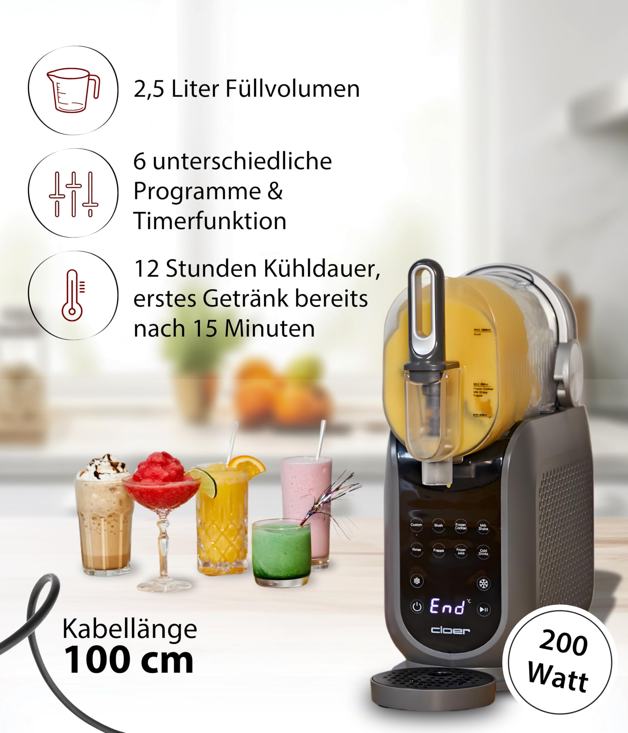 Cloer 9960 Slush Eis Maschine mit 2,5 l Volumen, 6 Programmen und 12h Kühldauer, Küchenmaschine mit Touch-Bedienung für Slush Ice, Frozen Cocktails, Milchshake, Frozen Juice & Cold Drinks, 200 W