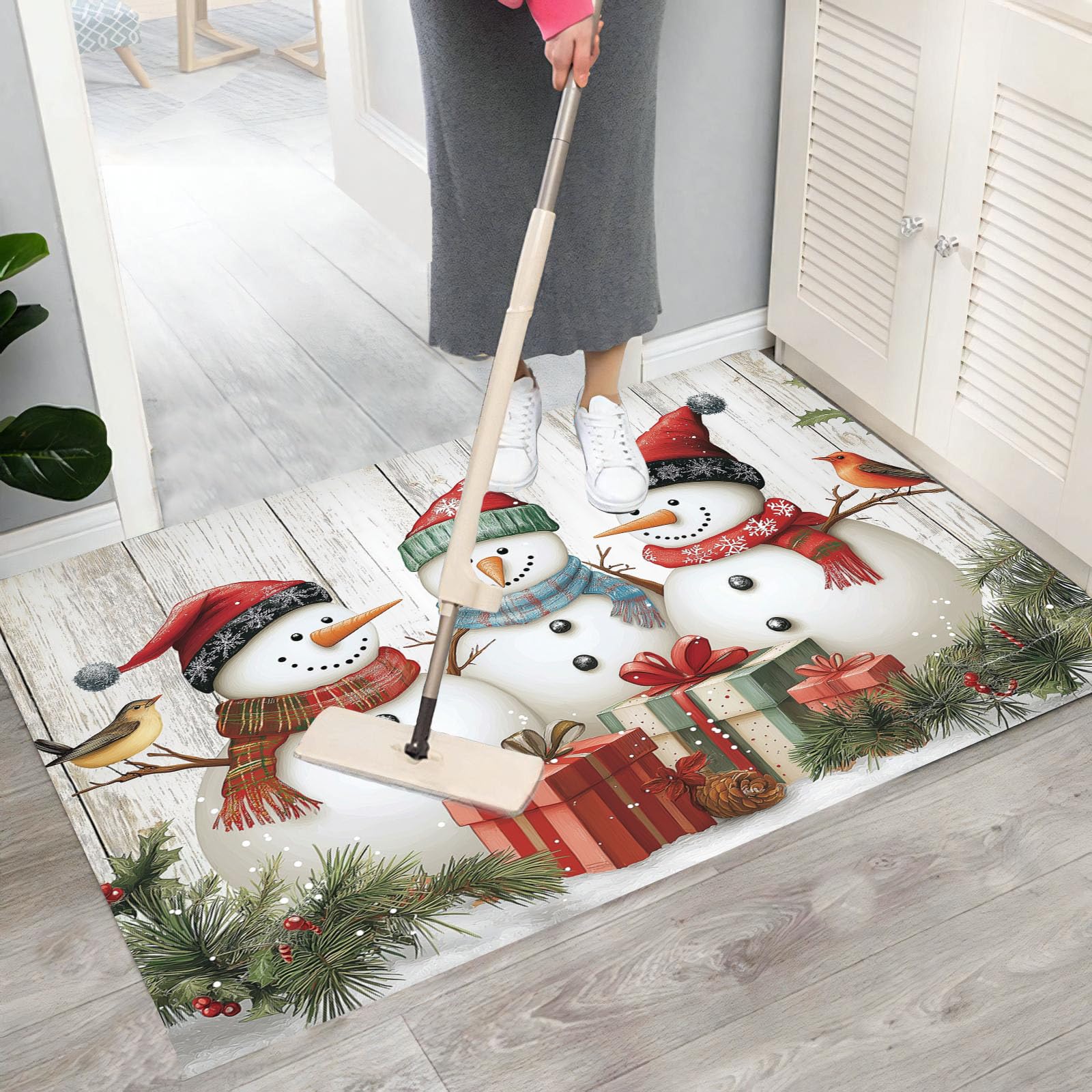 Tapis Bonhomme Neige Noël Peint À La Main 90X150Cm En Fausse Laine Beige Pour Salle De Bain Cuisine, Petit Paillasson D'Entrée D'Intérieur, Effet Bois Vieilli, Tapis De Sol Antidérapant Lavable
