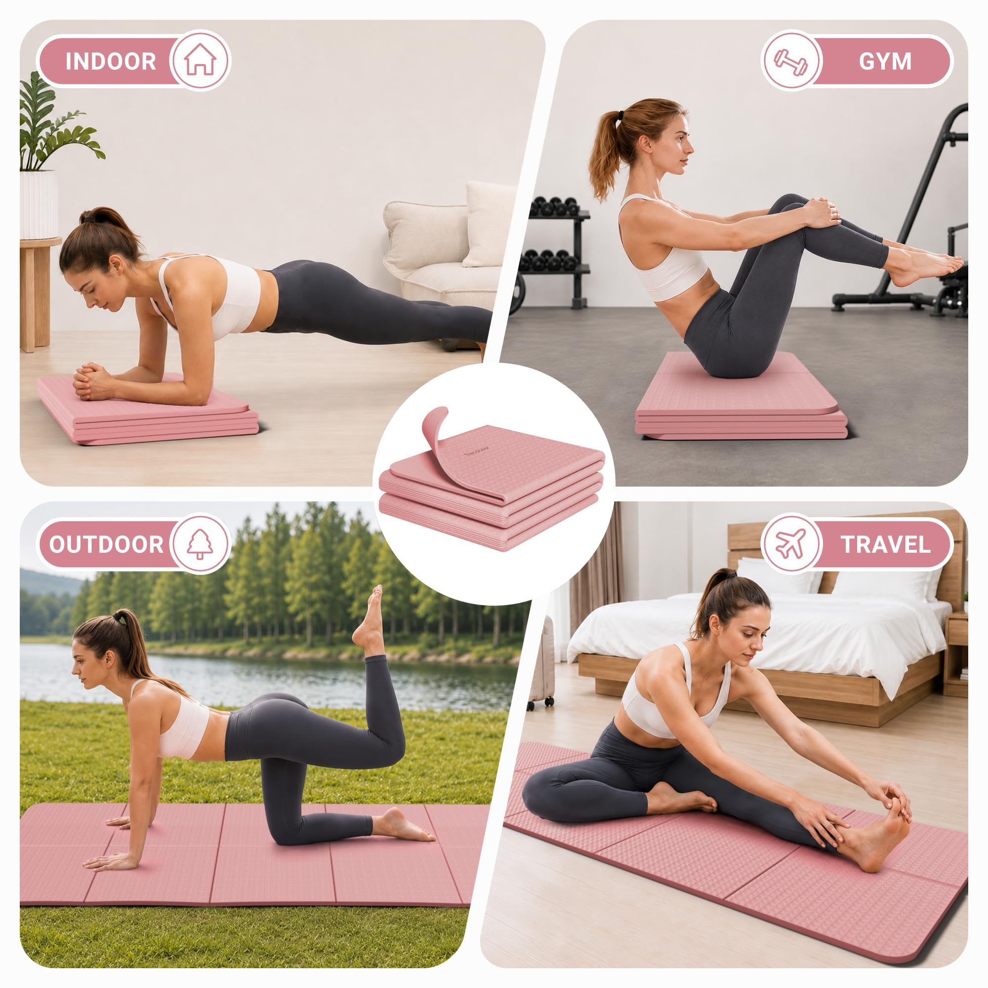 READAEER Esterilla de yoga plegable para viajes, esterilla de yoga plegable de 6 mm de grosor con bolsa de transporte, esterilla antideslizante de TPE para ejercicio y pilates (rosa)