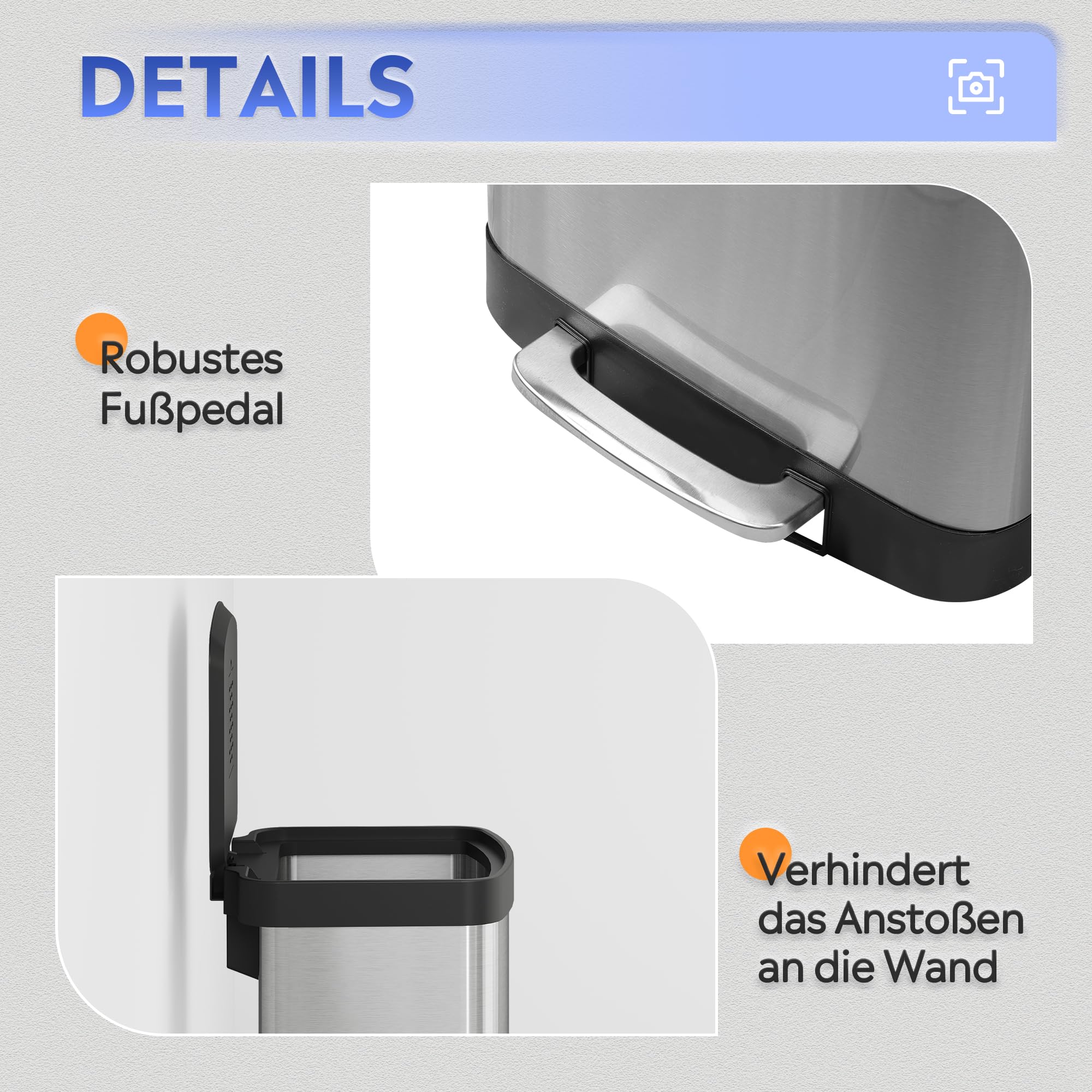 WLIVE Mülleimer Küche 55 Liter, Großer Treteimer mit Softclose-Deckel, Klemmring für Müllsäcke, geruchsdichter Abfalleimer für Küche, Büro oder Schlafzimmer, Silber