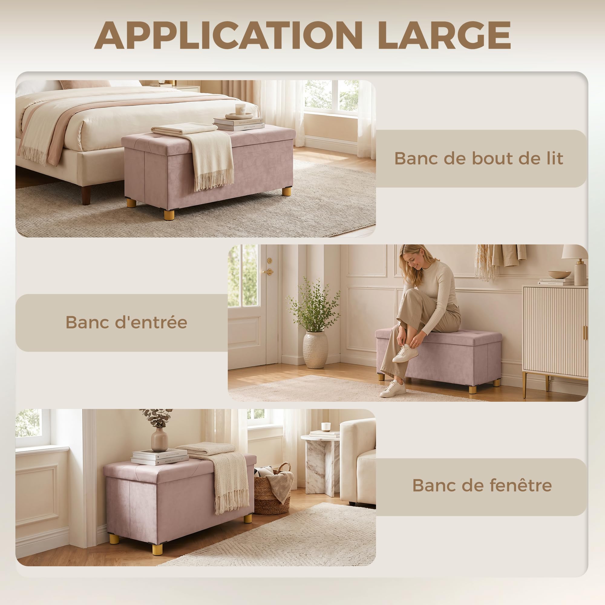 HOMCOM Banc de Rangement, Bout de lit, Pliable, 76 x 38 x 38 cm, Volume 67 L, capacité de Charge 120 kg, avec Couvercle, pour Chambre, Couloir, Salon, Rose
