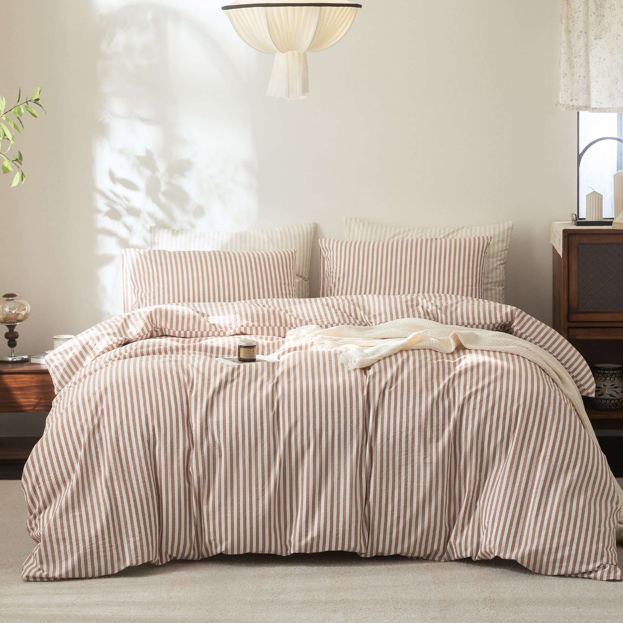 Photo 1 of FOSSA Washed Cotton Duvet Cover Set - King, Stripes Dark Pumpkin