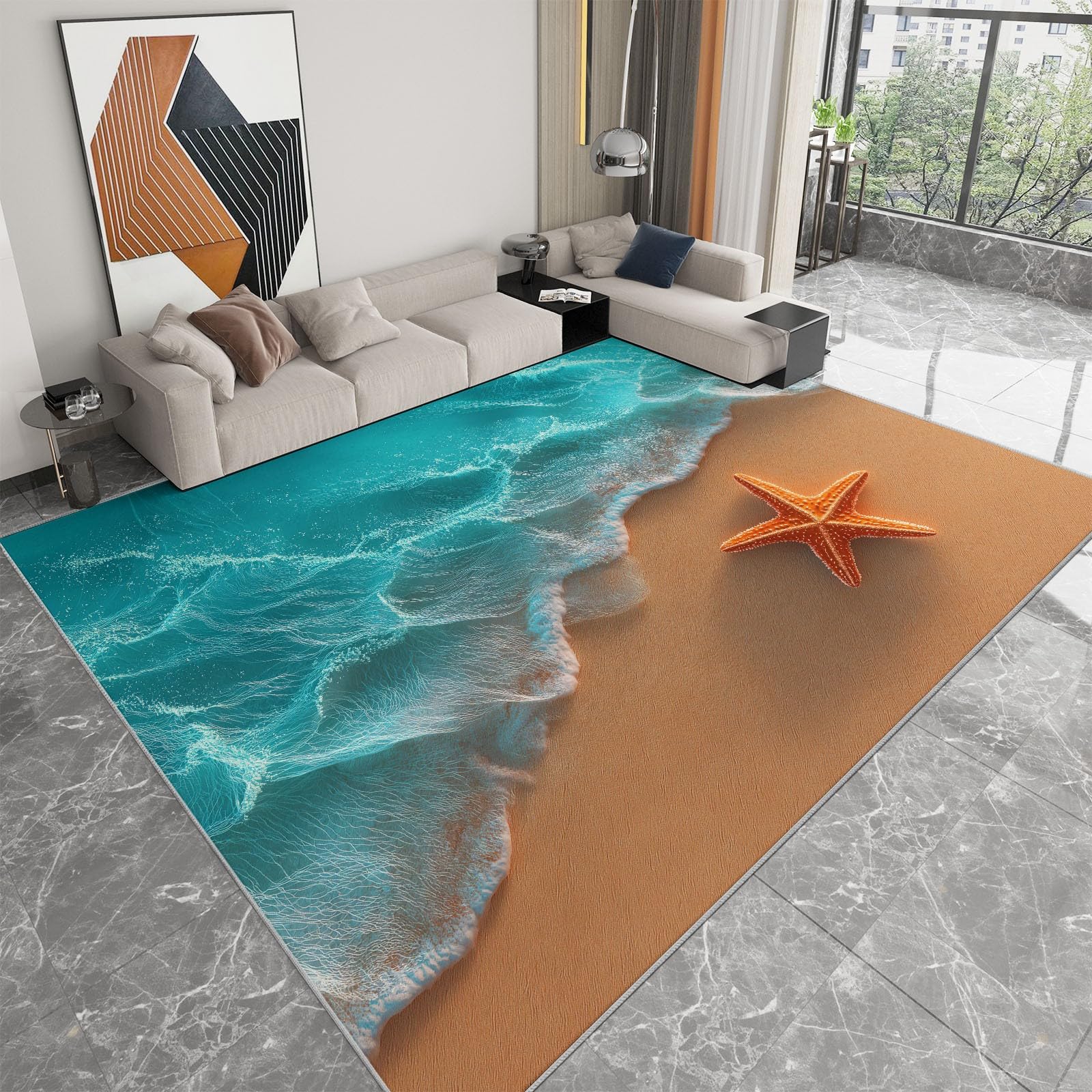Alfombra de área de 100 x 160 cm, diseño de olas de playa y estrellas de mar, lavable, antideslizante, para fotografía de naturaleza, alfombra para dormitorio, sala de estar, alfombra de suelo de pelo