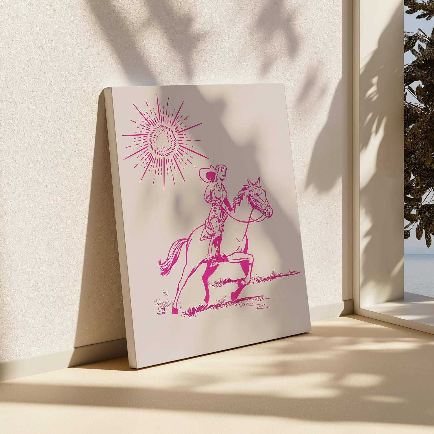 Poster Master Sunset Cowgirl Canvas - Retro Pink Cowgirl Print - Western & Wild West Art - Trendy Gift for Men & Women - Modern Wall Decor for Dorm or Living Room - 8x10 STRETCHED Canvas