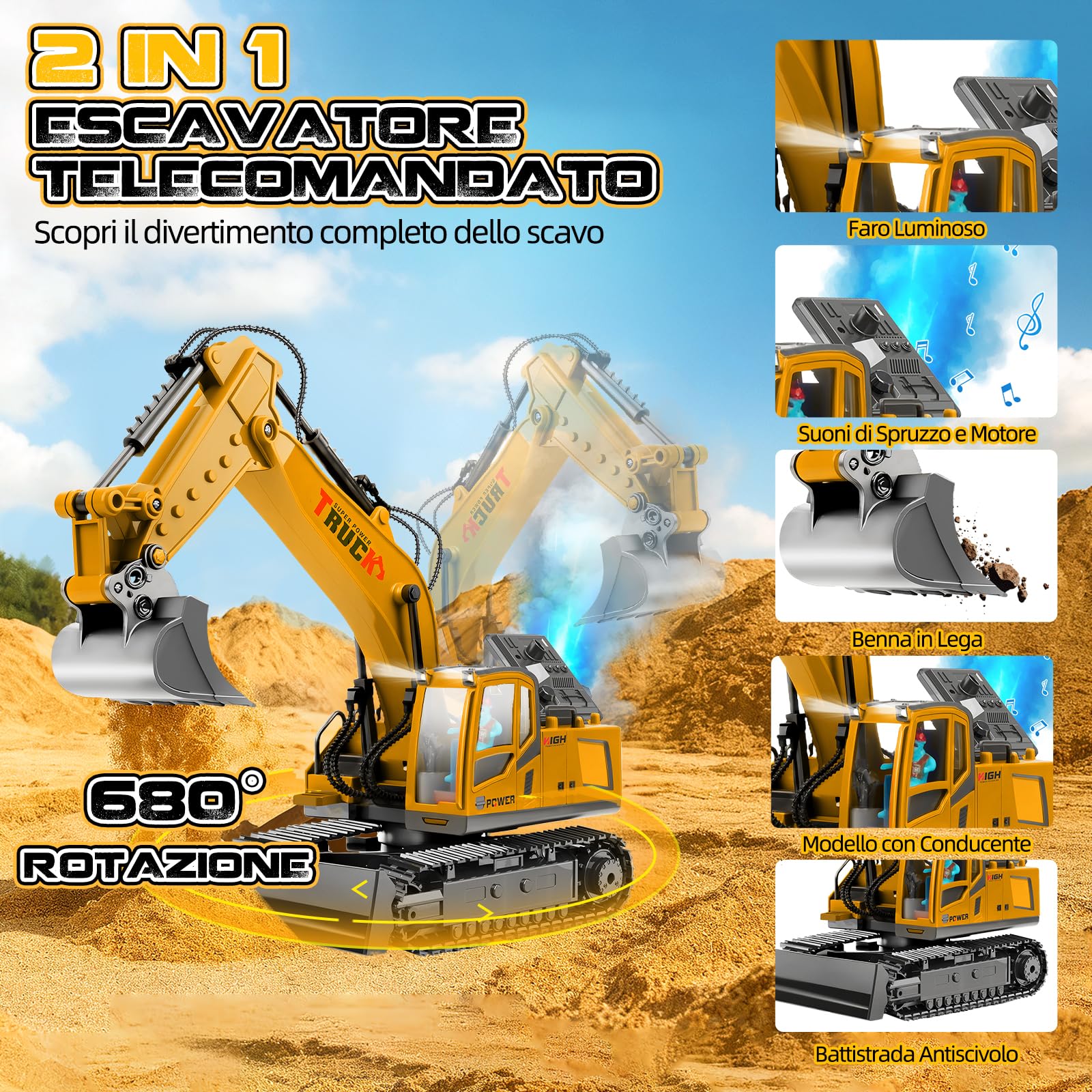 Cheffery Escavatore Radiocomandato, Escavatore Telecomandato Bambini 17 Canali 2,4 GHz Ruspa Telecomandata con Pala Metallica, Driver, Spray, Luci e Suoni, Escavatores Giocattolo Per Bambino 3+ Anni