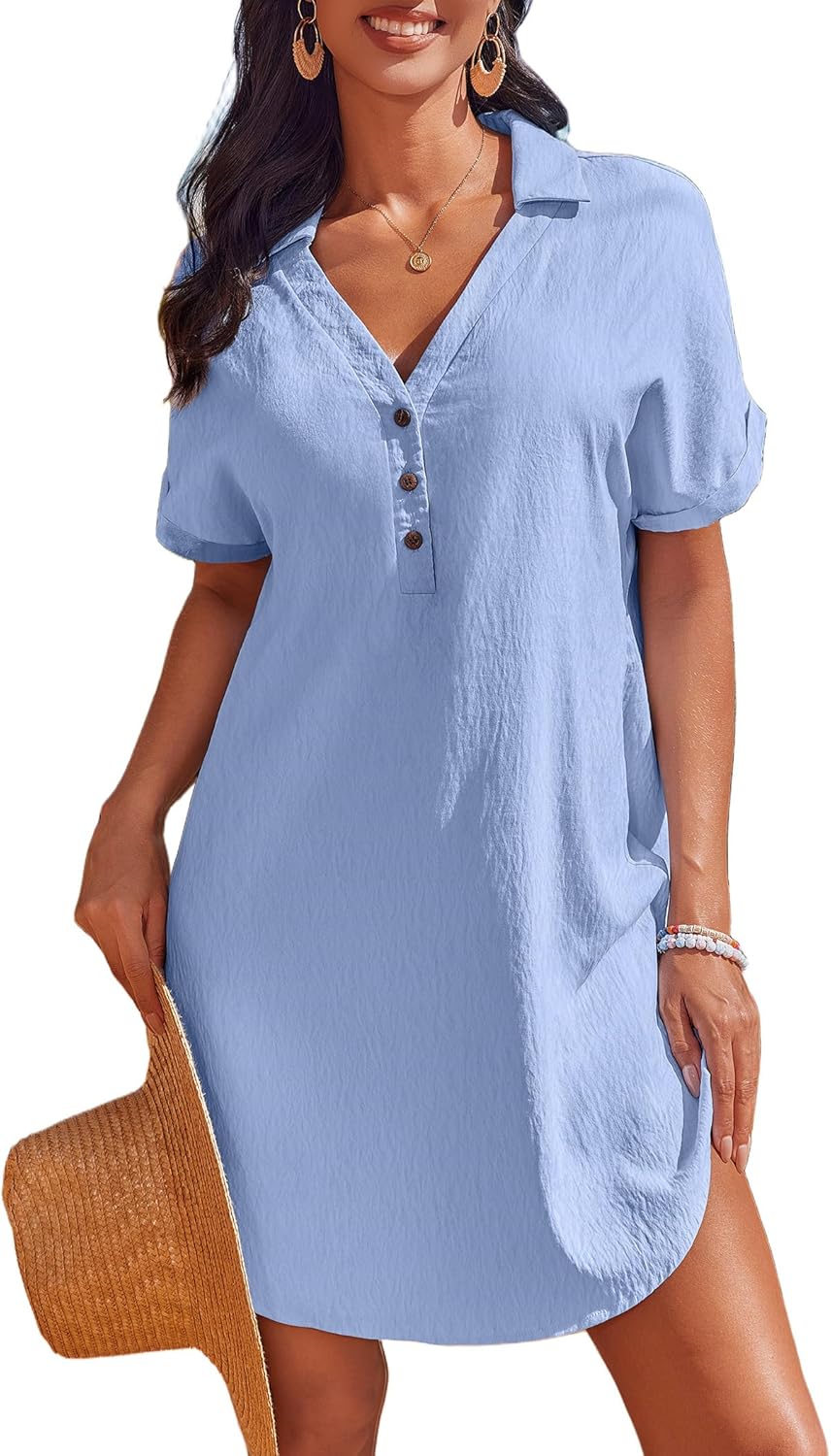 AI'MAGE Beach Cover Ups for Women Short Sleeve Swimsuit Coverup Button Down Bikini Bathing Suit Cover Up Dress Shirt