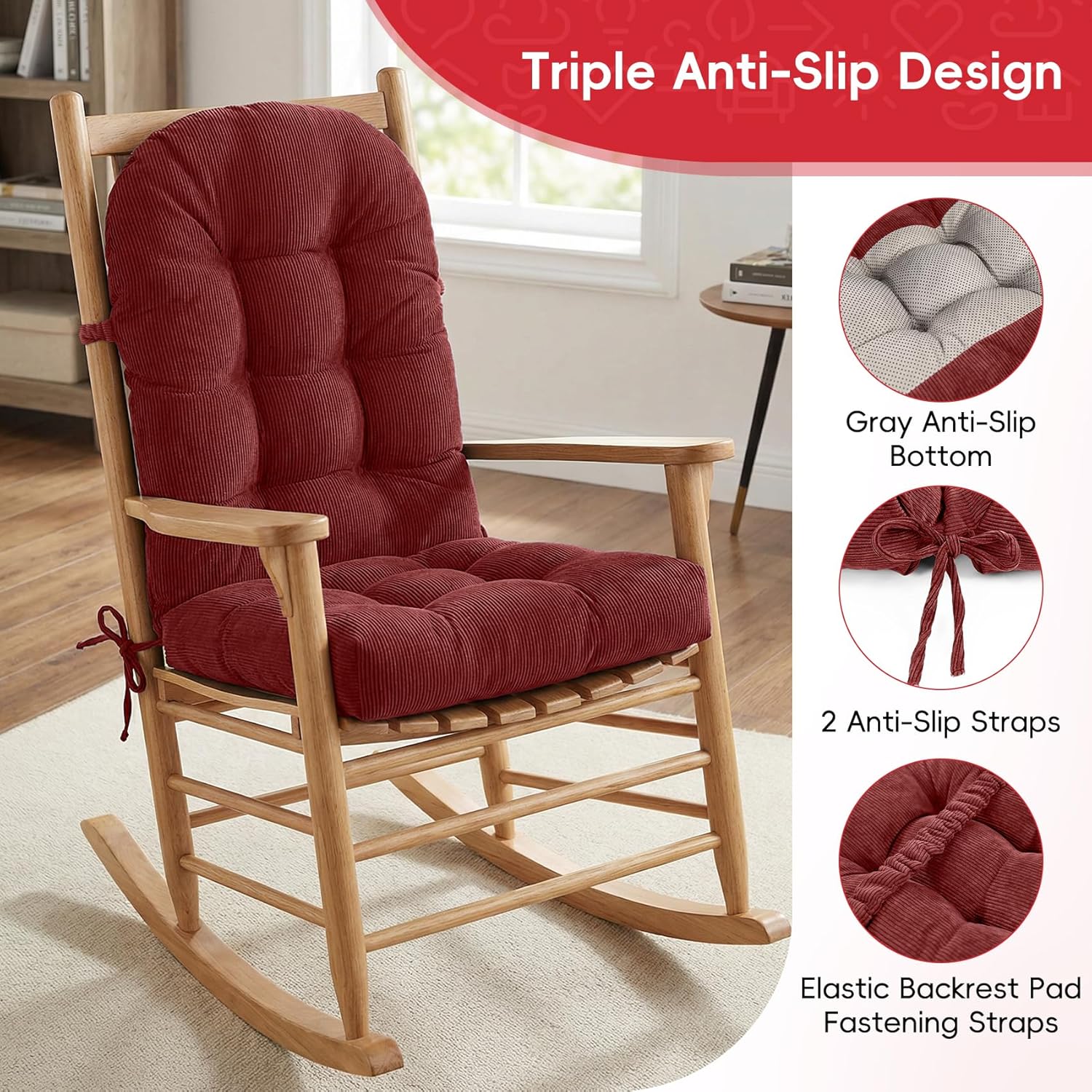 High Back Adirondack Chair Cushion, Non-Slip Indoor Rocking Chair Cushion with Straps, Thickened Corduroy Fabric, Long-Lasting & Soft Tufted Seat Pads for Bedroom, Living Room, Porch, Indoor-Red