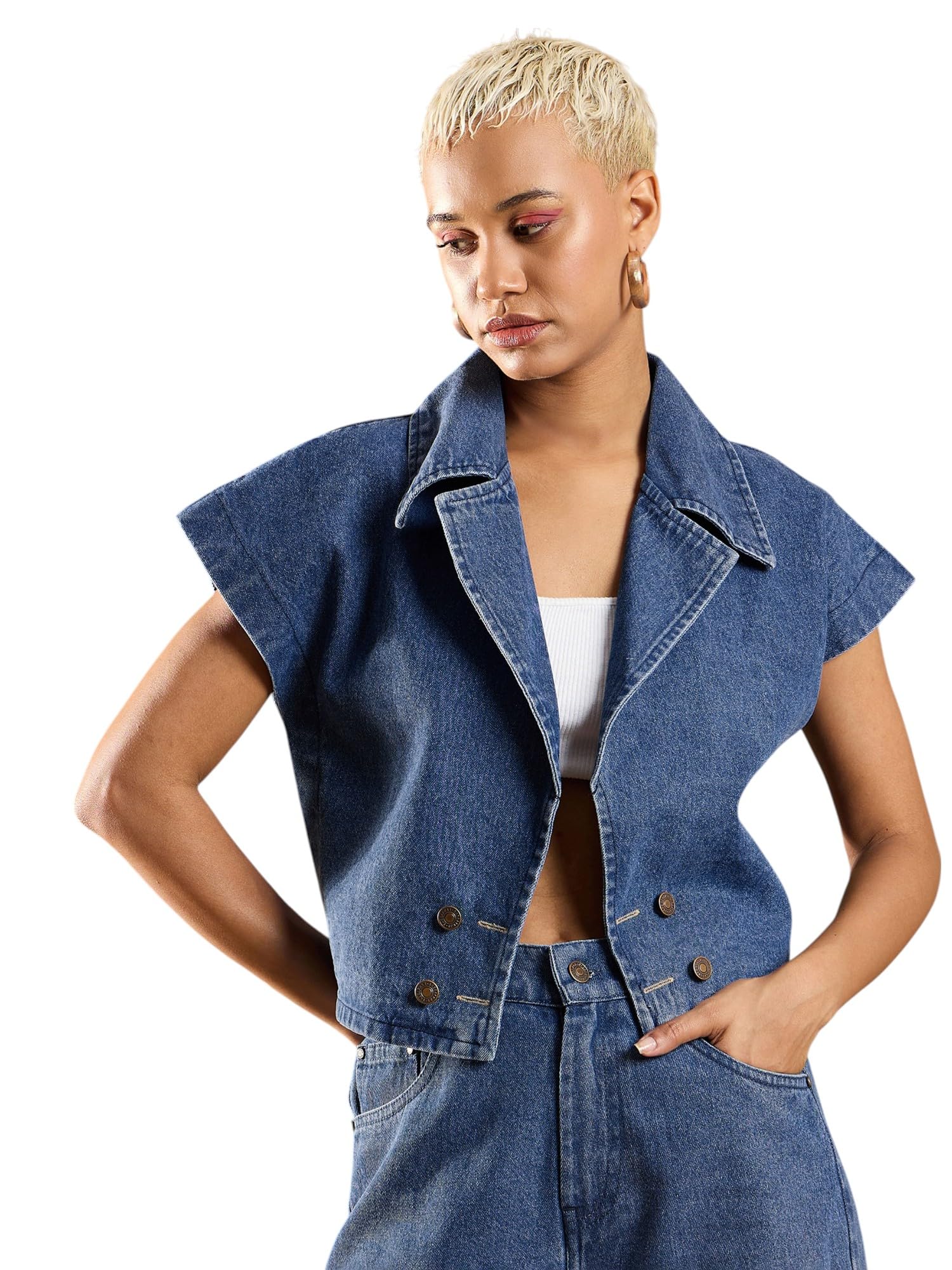 Women Denim Washed Front Open Crop Gilet